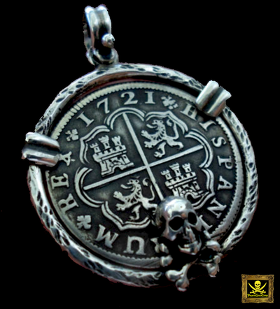 Spain 2 Reales 1721 "Skull and Bones" Shipwreck Jewelry Treasure Coin Necklace 2