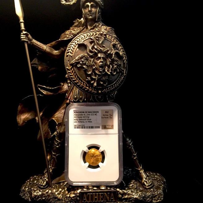 KINGDOM of MACEDON- ALEXANDER III THE GREAT! 336BC NGC AU 5X5 AV STATER ATHENA – SELEUCID