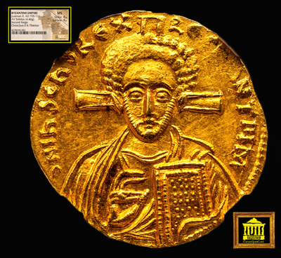 BYZANTINE EMPIRE JUSTINIAN II YOUTHFUL JESUS CHRIST AD 705-711 GOLD COIN ~ NGC MS 4x4 ~ 4