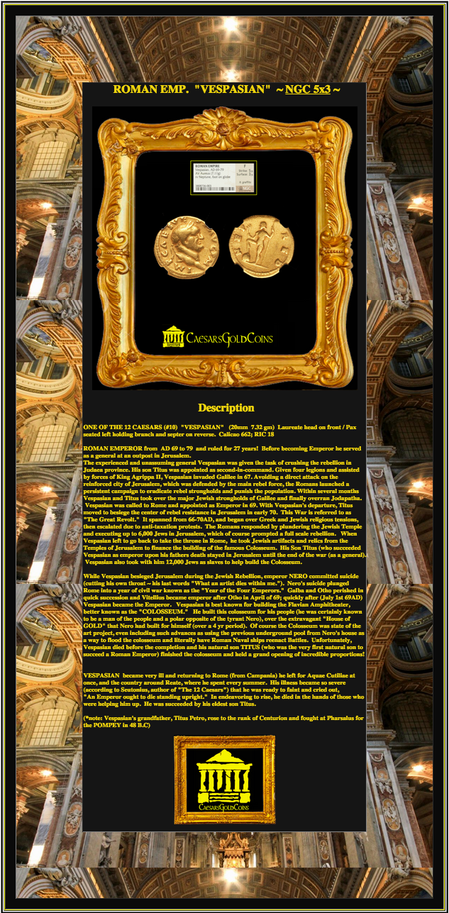 ROMAN EMPIRE  "VESPASIAN"  69-79  "CAESAR"  COLOSSEUM  AV AUREUS GOLD  ~ NGC FINE 5x3 ~ 5