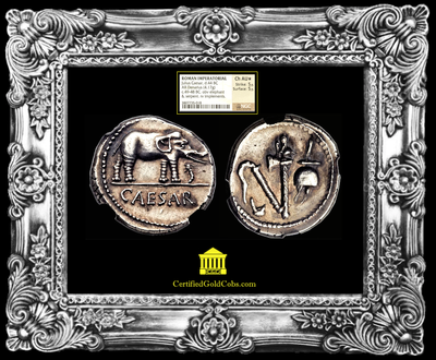 ROMAN IMPERATORIAL  "JULIUS CAESAR"  44BC  ELEPHANT NGC CH AU 5/5 STRIKE   5/5  SURFACE  "STAR" 6