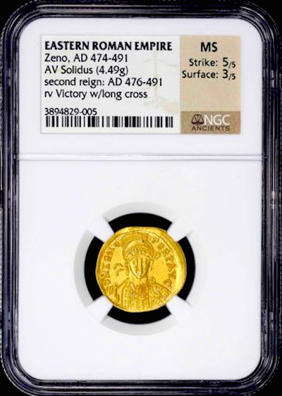 ROMAN EMPIRE "ZENO" 2nd Reign AD 476-491 ~ NGC MS 5x3 CONSTANTINOPLE AV SOLIDUS – GOLD Coin 5