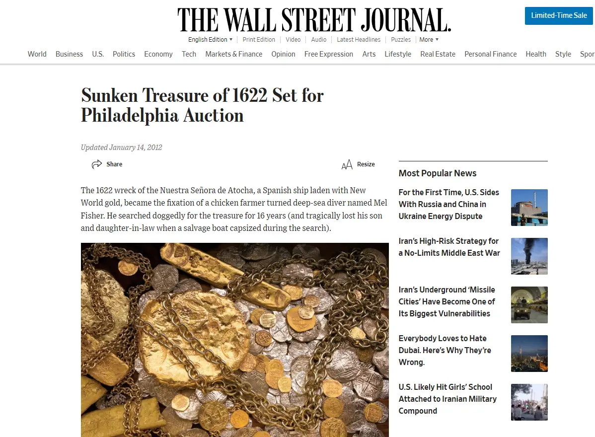 Wall Street Journal - Atocha Shipwreck Treasure