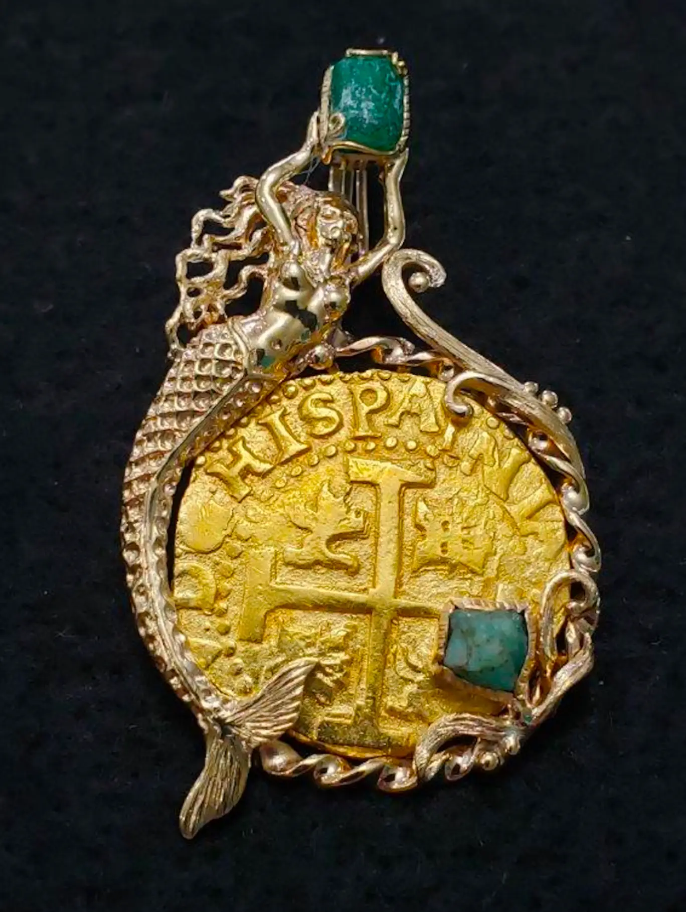 Peru 8 Escudos 1715 Gold Mermaid Bezel with Emeralds