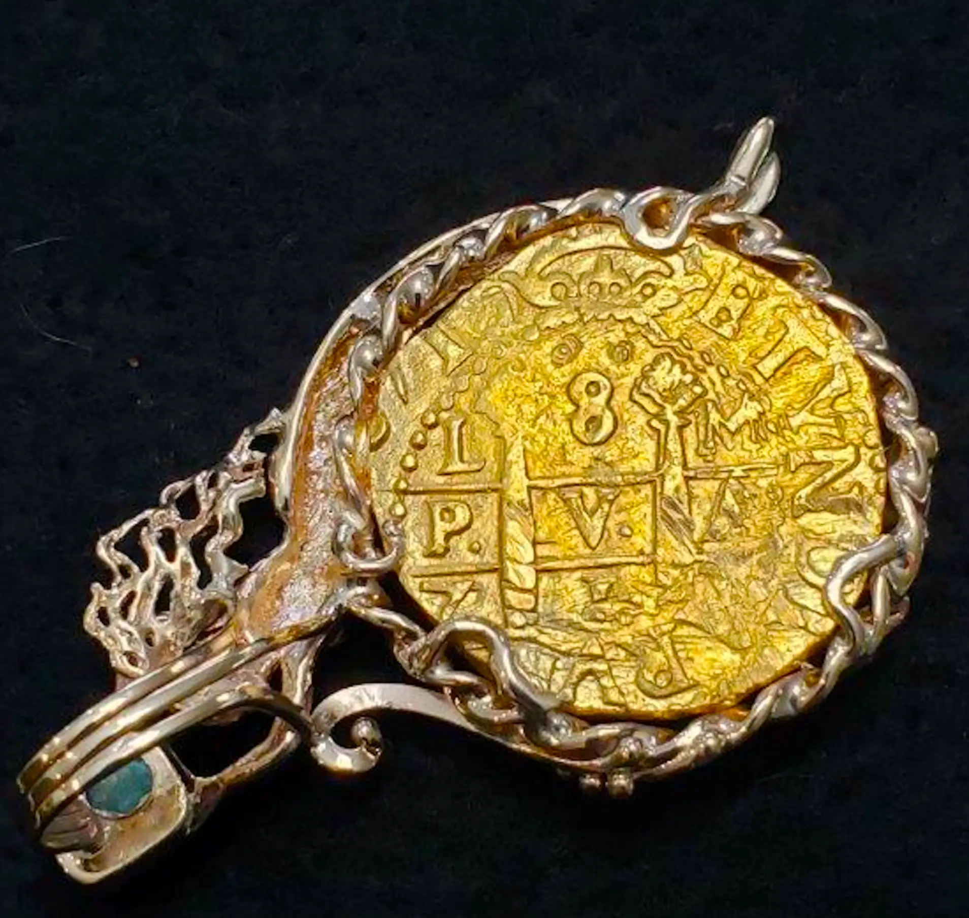 Peru 8 Escudos 1715 Gold Mermaid Bezel with Emeralds 2