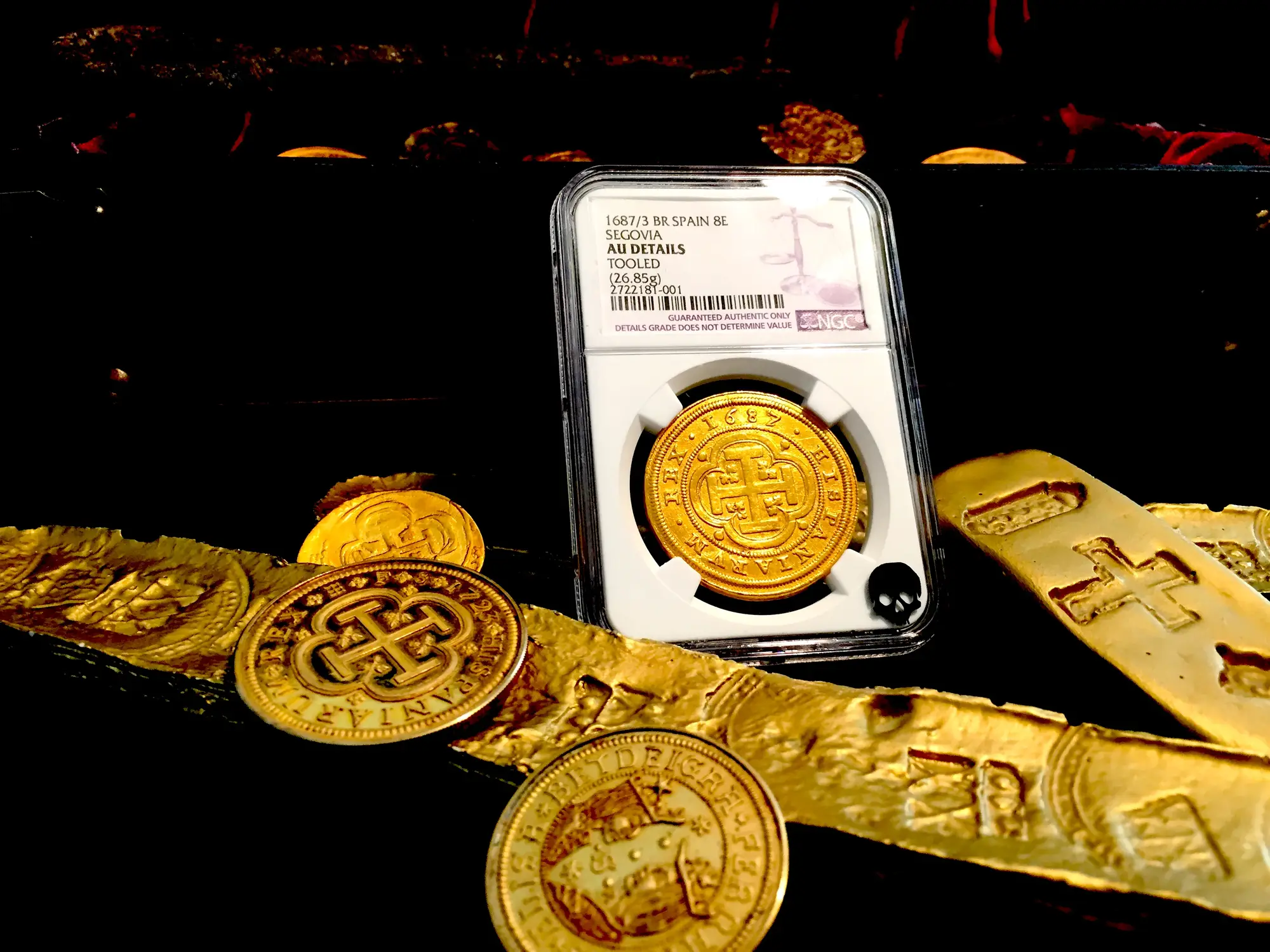 Spain  8 Escudos  1687/3  "Royal Like"  Charles II  NGC AU Dets  RARE! 2