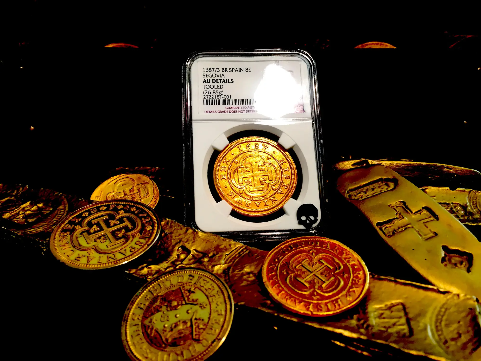 Spain  8 Escudos  1687/3  "Royal Like"  Charles II  NGC AU Dets  RARE! 3