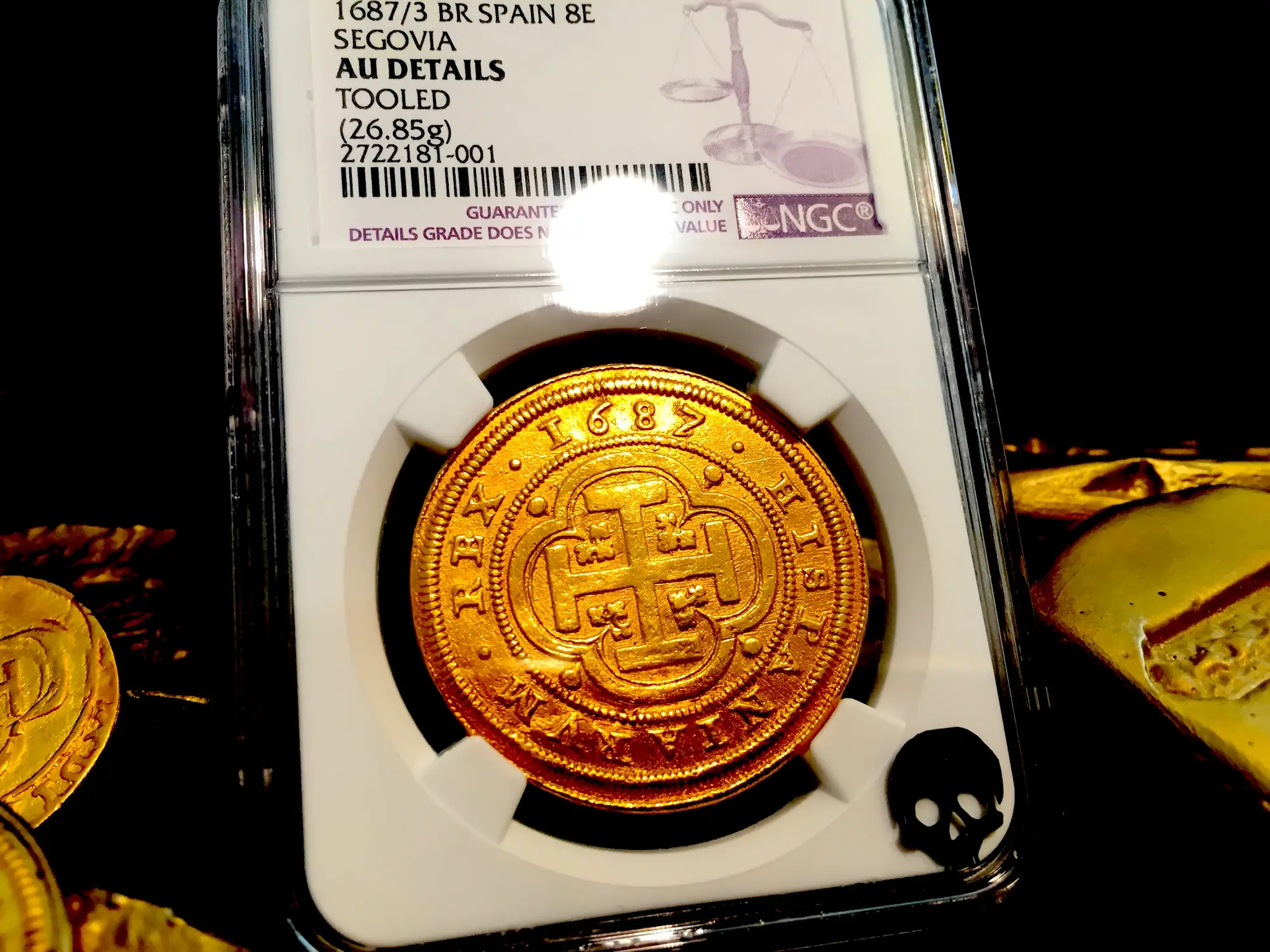 Spain  8 Escudos  1687/3  "Royal Like"  Charles II  NGC AU Dets  RARE! 4