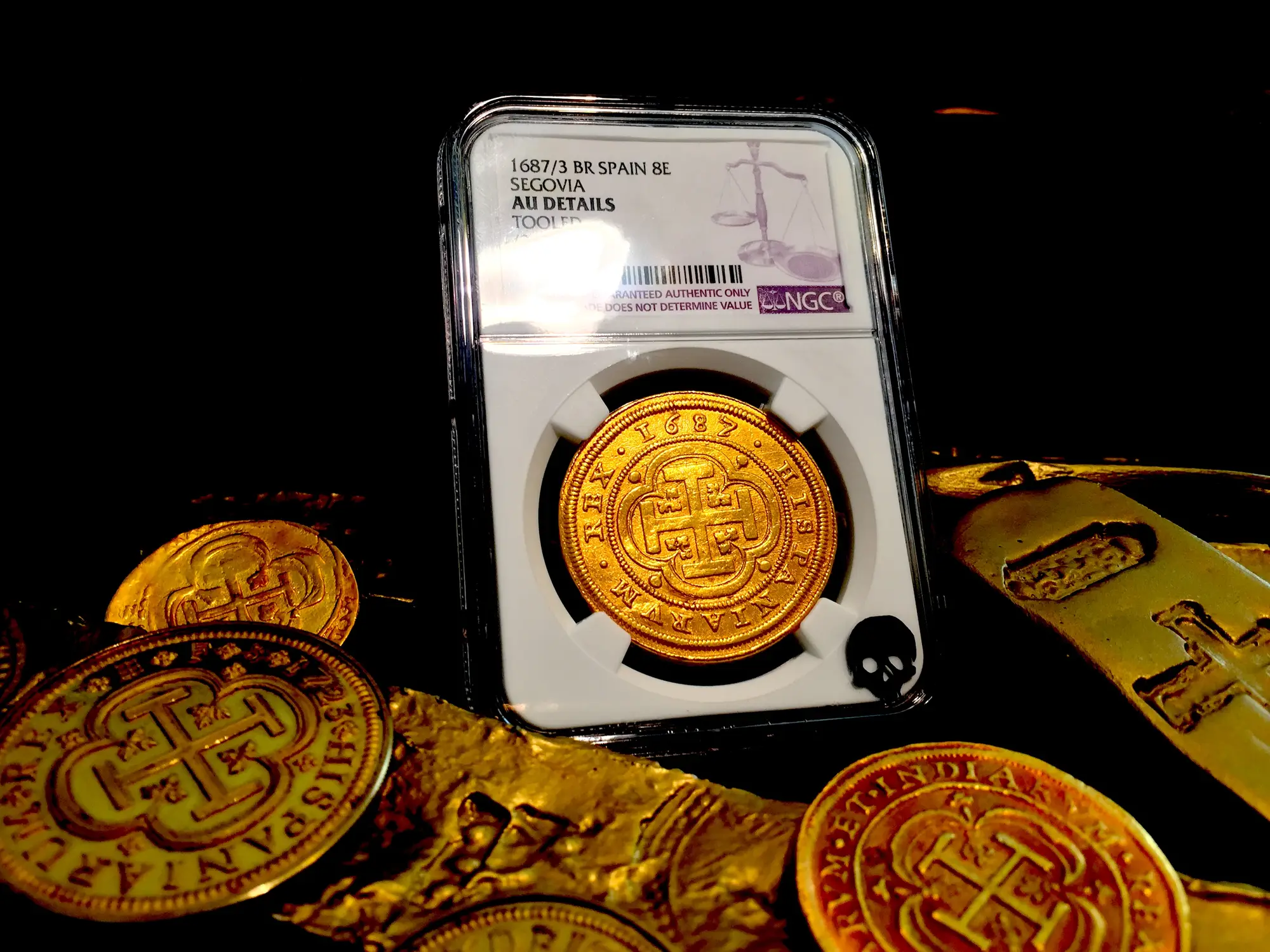 Spain  8 Escudos  1687/3  "Royal Like"  Charles II  NGC AU Dets  RARE! 15