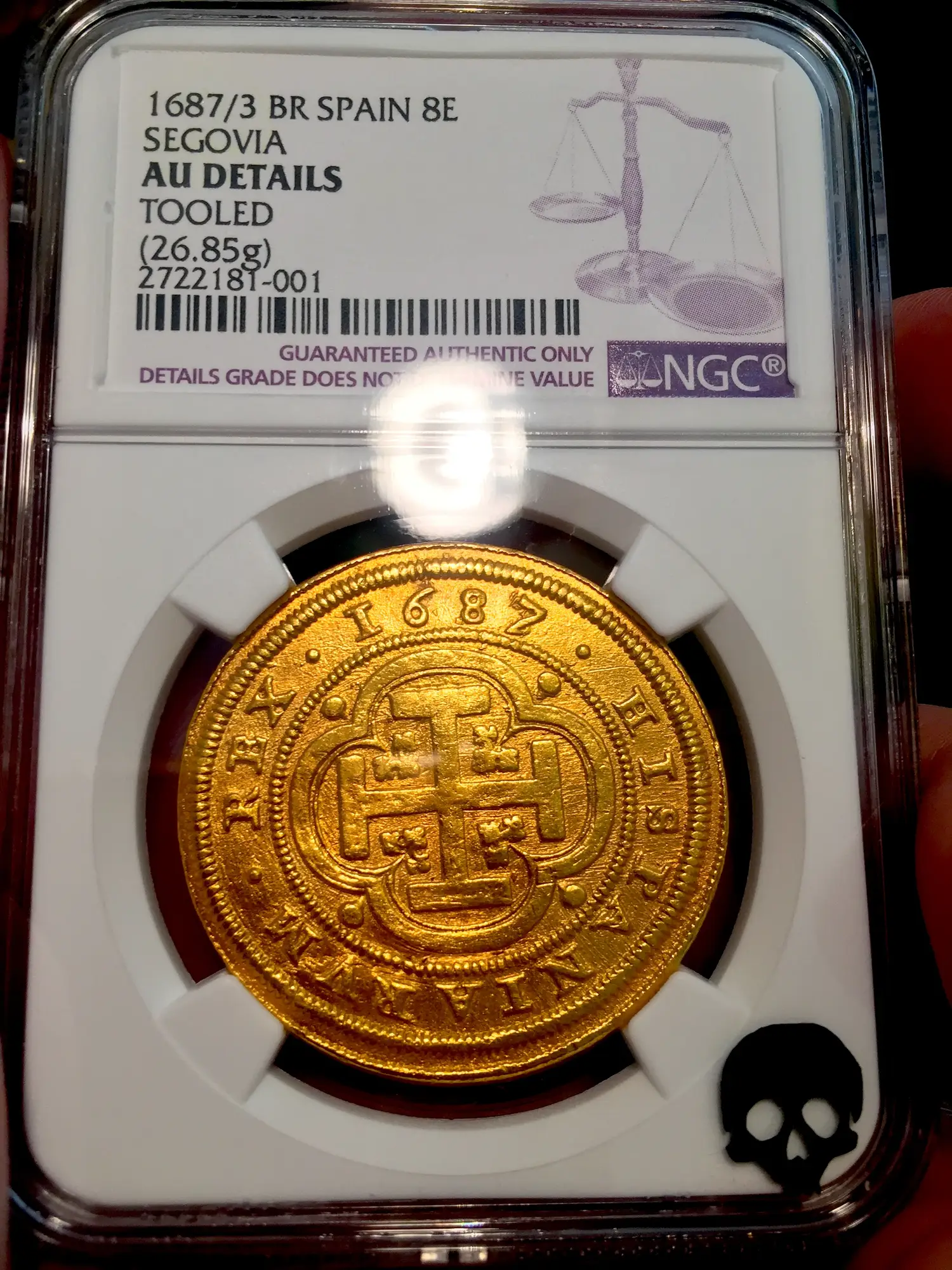 Spain  8 Escudos  1687/3  "Royal Like"  Charles II  NGC AU Dets  RARE! 13