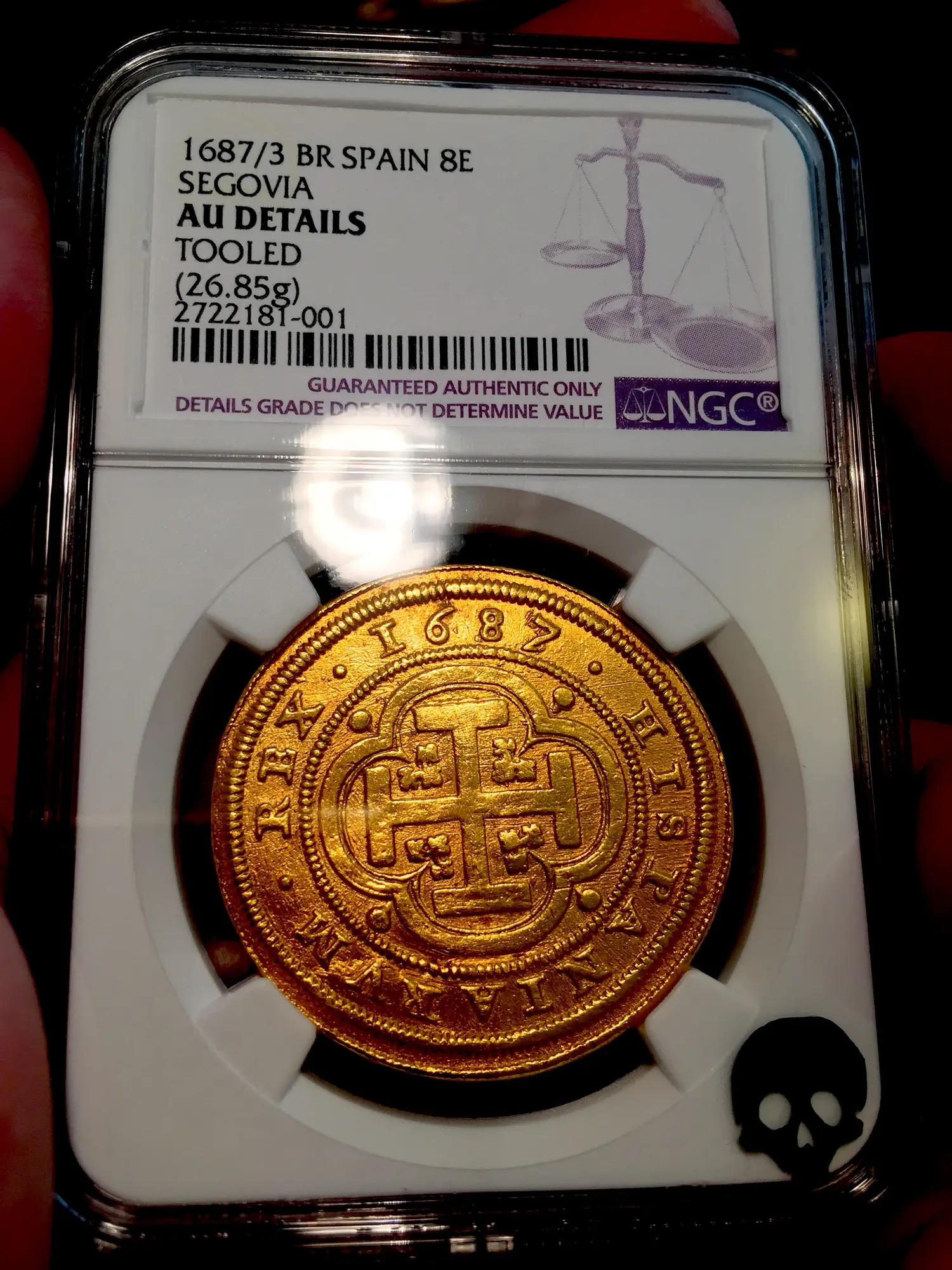Spain  8 Escudos  1687/3  "Royal Like"  Charles II  NGC AU Dets  RARE! 14