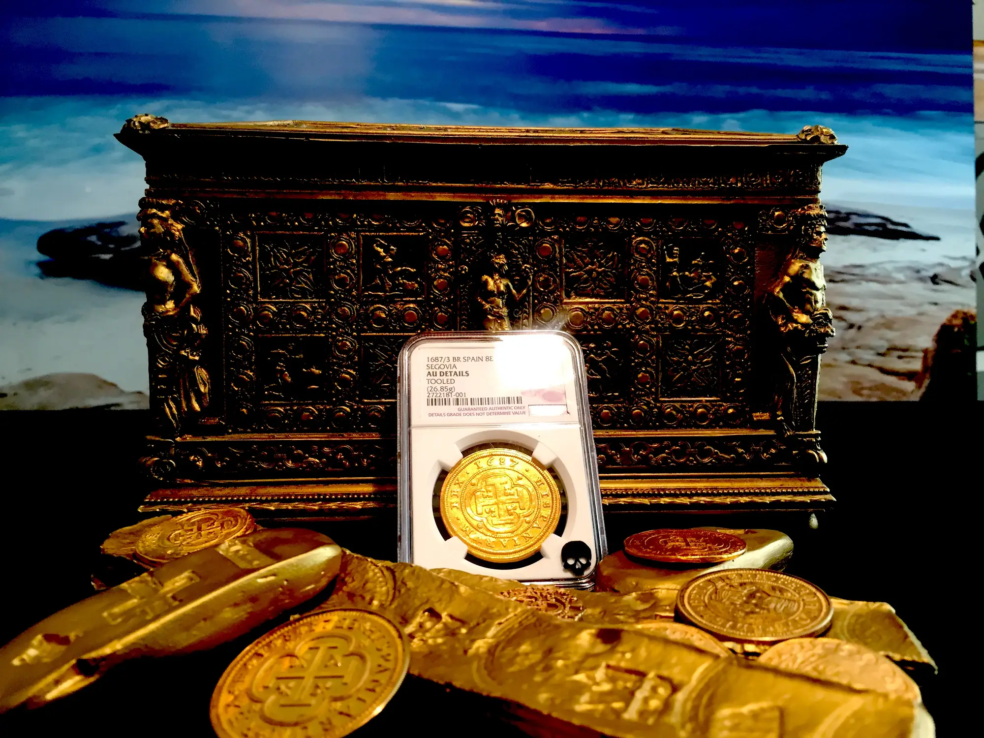 Spain  8 Escudos  1687/3  "Royal Like"  Charles II  NGC AU Dets  RARE! 16