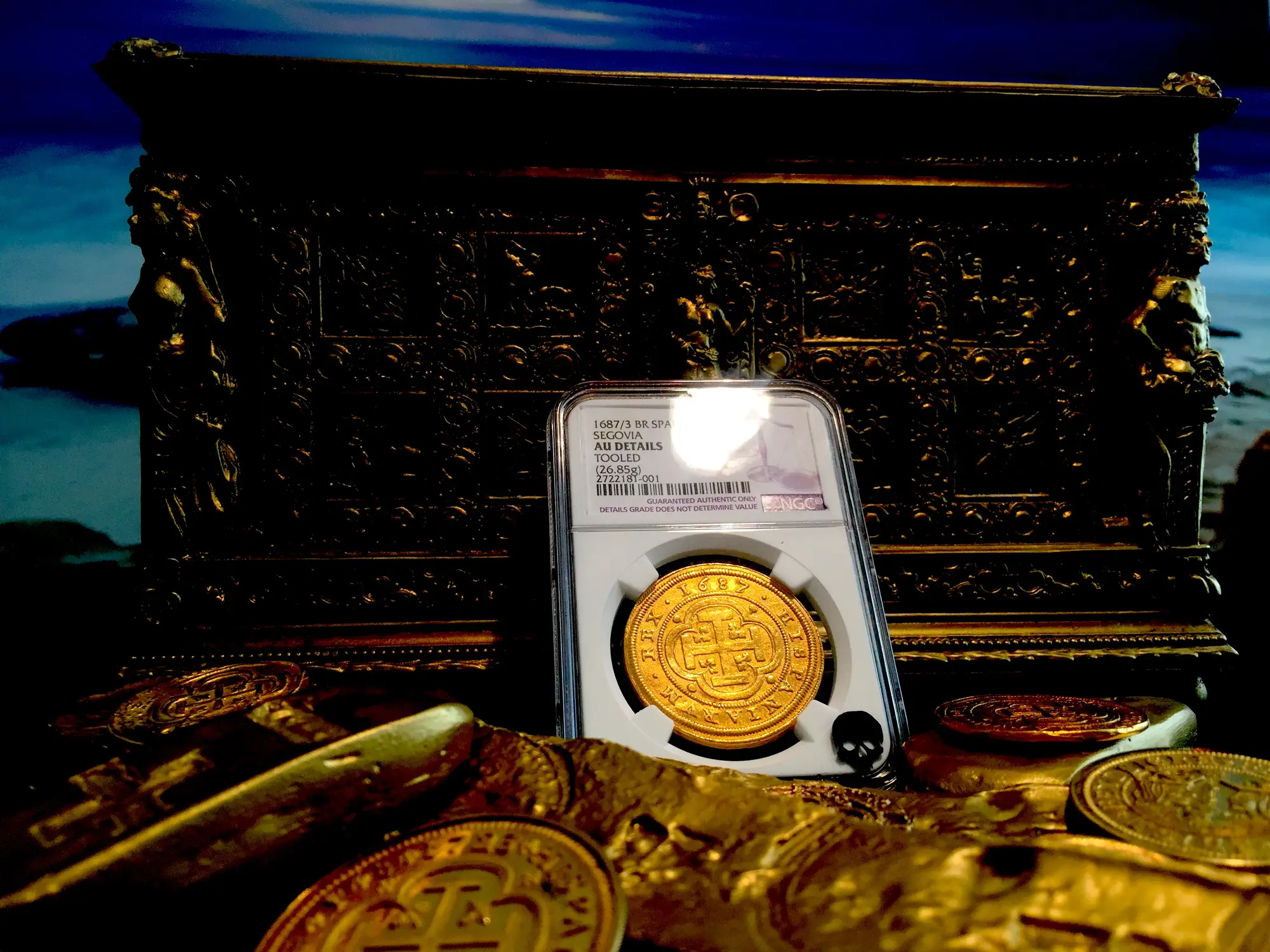 Spain  8 Escudos  1687/3  "Royal Like"  Charles II  NGC AU Dets  RARE! 18