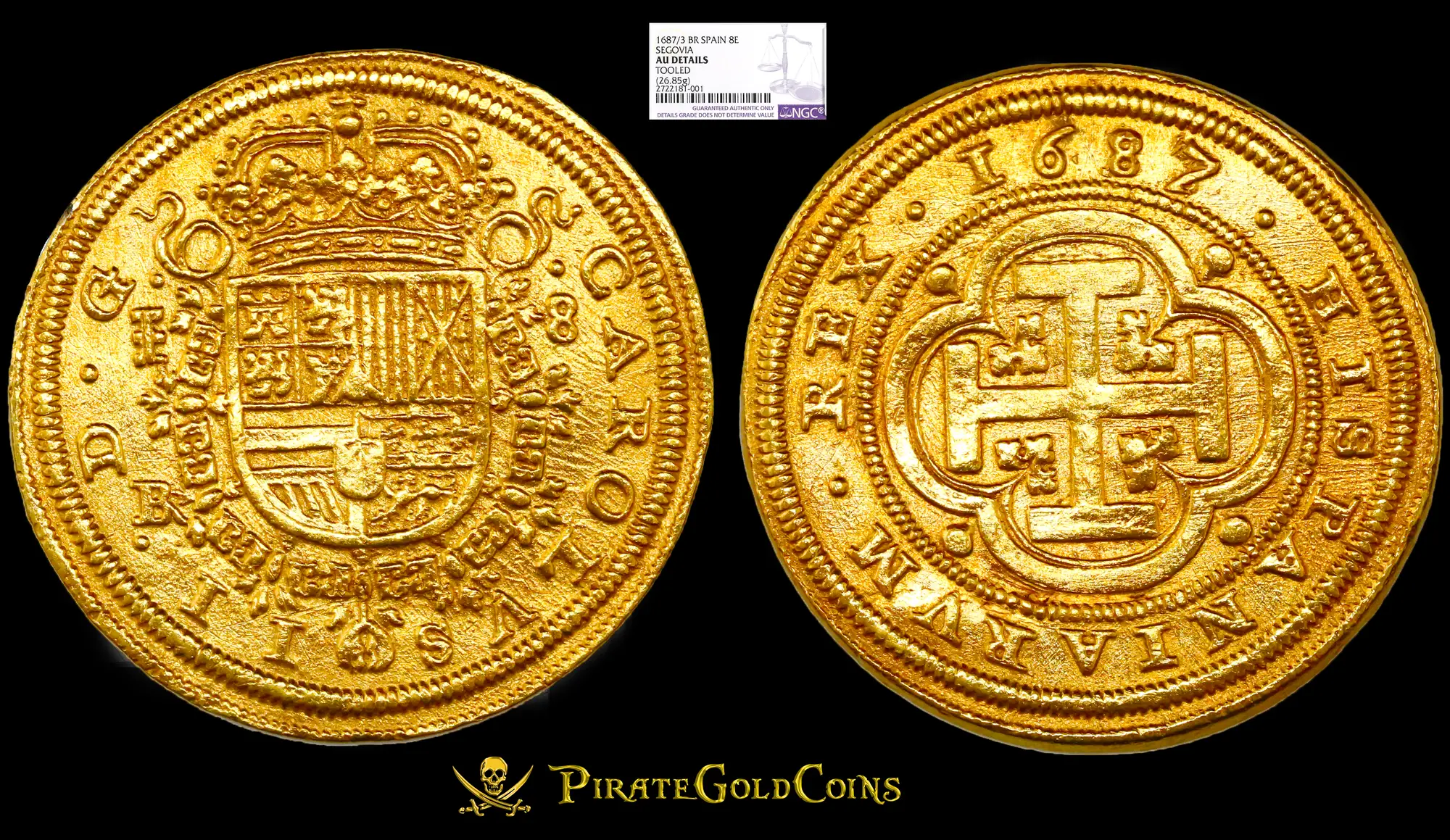 Spain  8 Escudos  1687/3  "Royal Like"  Charles II  NGC AU Dets  RARE! 9