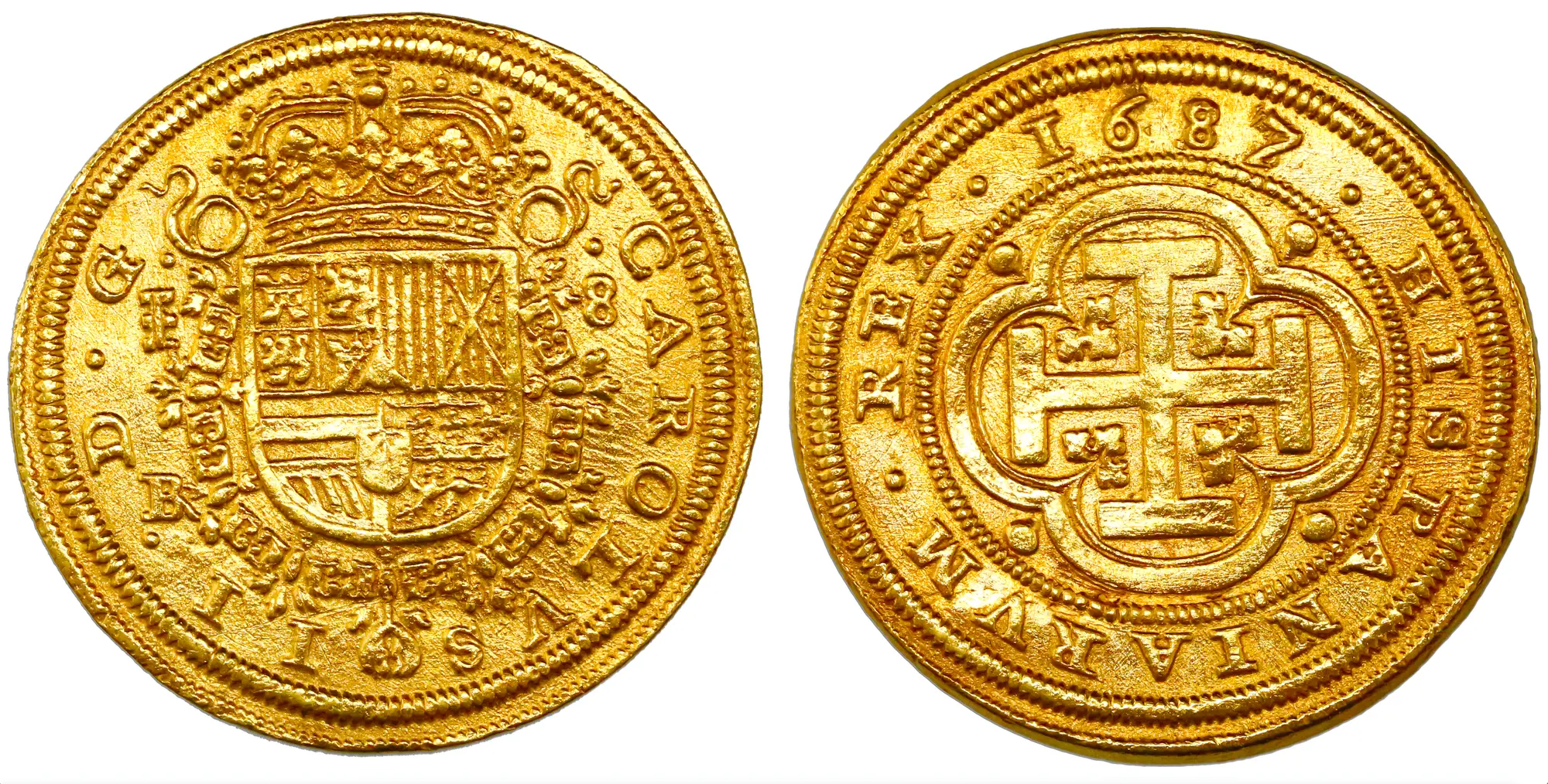 Spain  8 Escudos  1687/3  "Royal Like"  Charles II  NGC AU Dets  RARE! 12