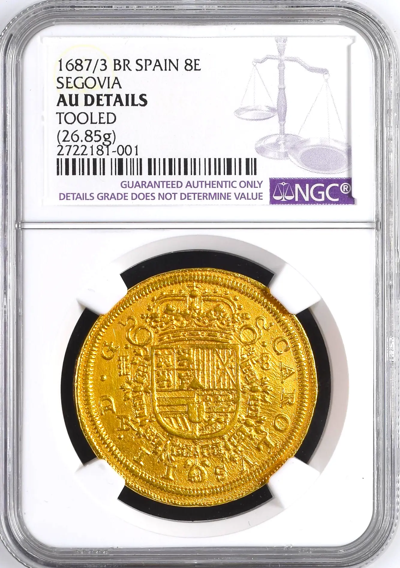 Spain  8 Escudos  1687/3  "Royal Like"  Charles II  NGC AU Dets  RARE! 10