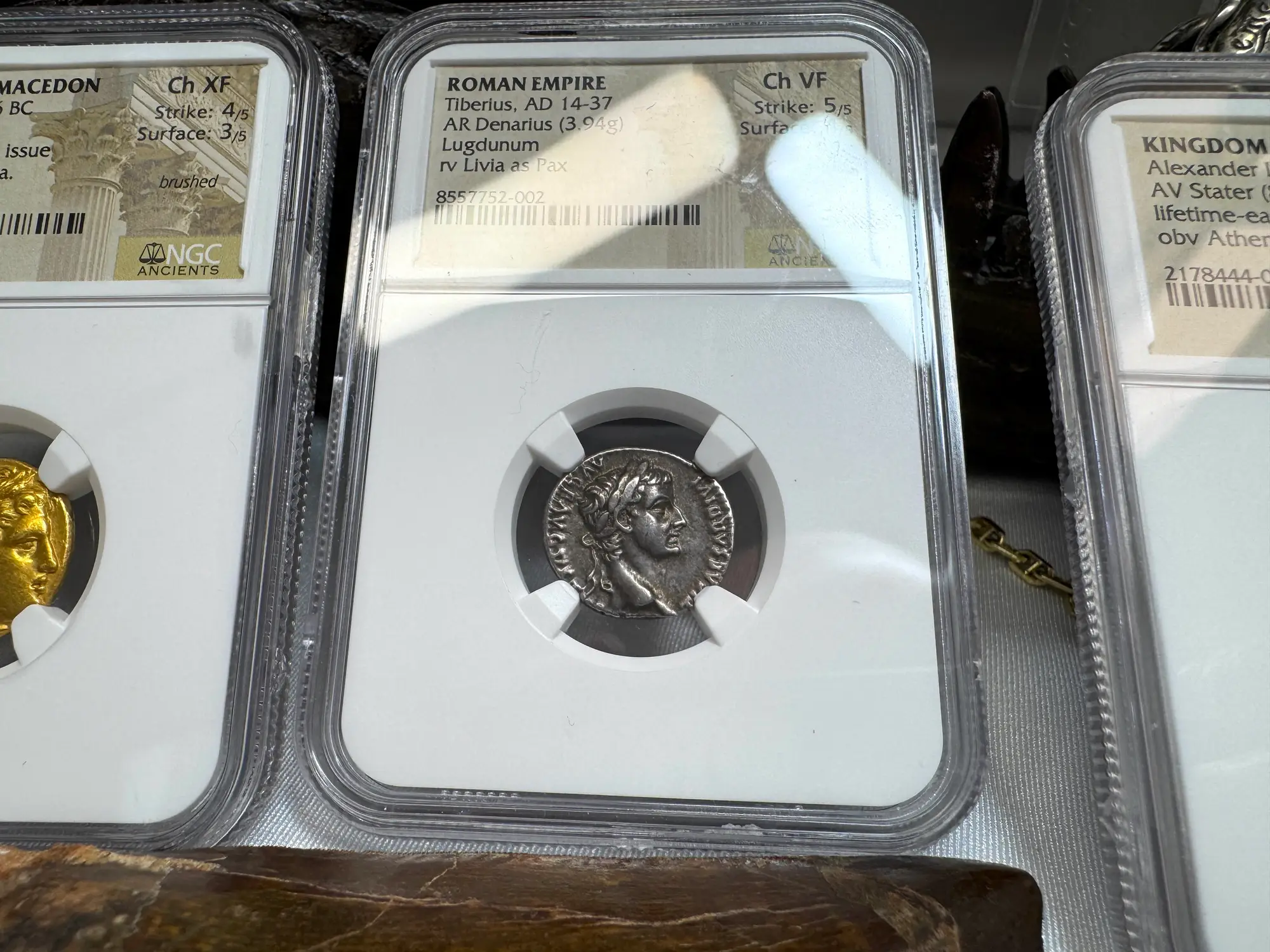 Roman Empire "Tiberius" 14AD Denarius NGC Ch VF 4