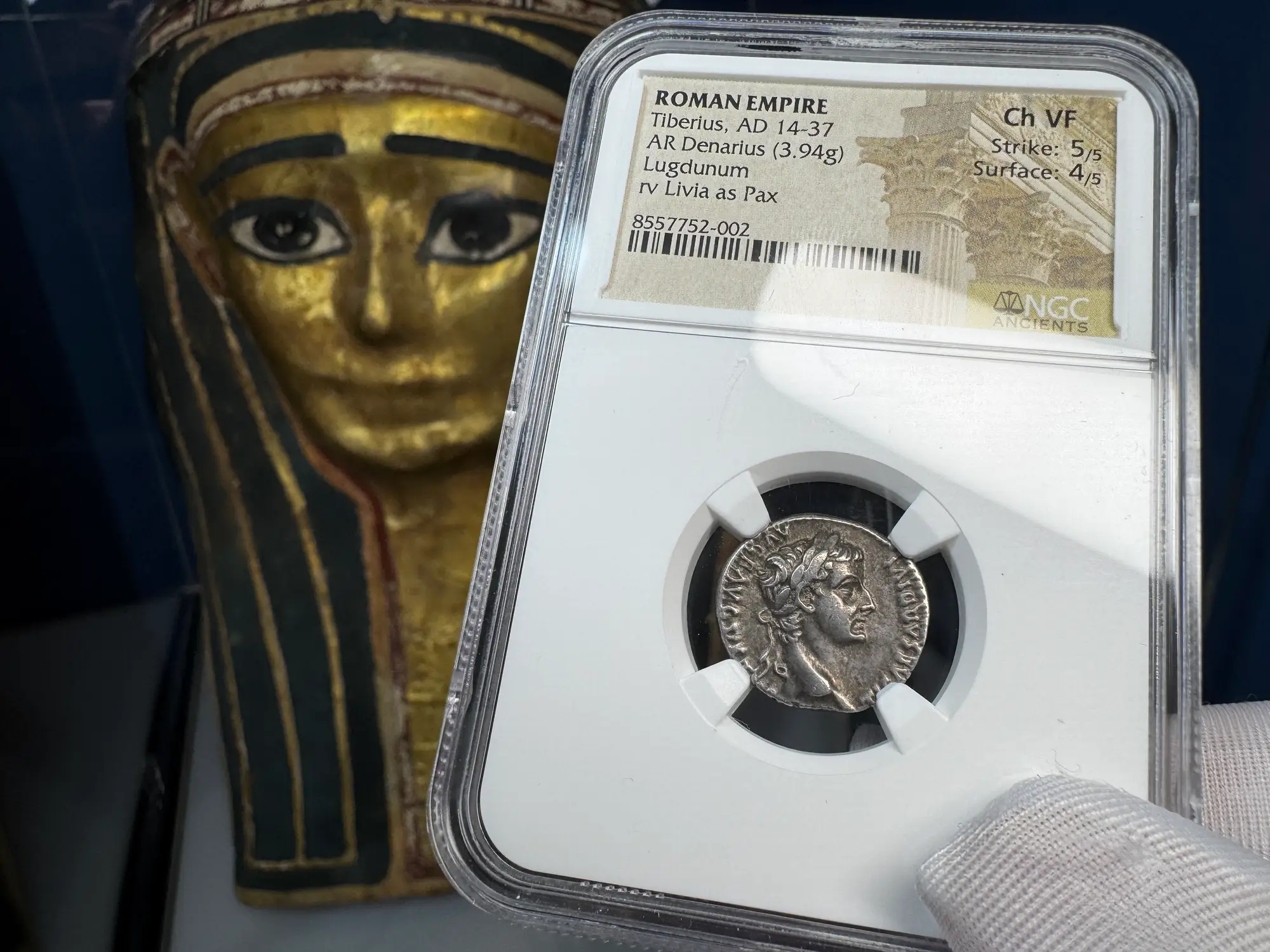 Roman Empire "Tiberius" 14AD Denarius NGC Ch VF 28