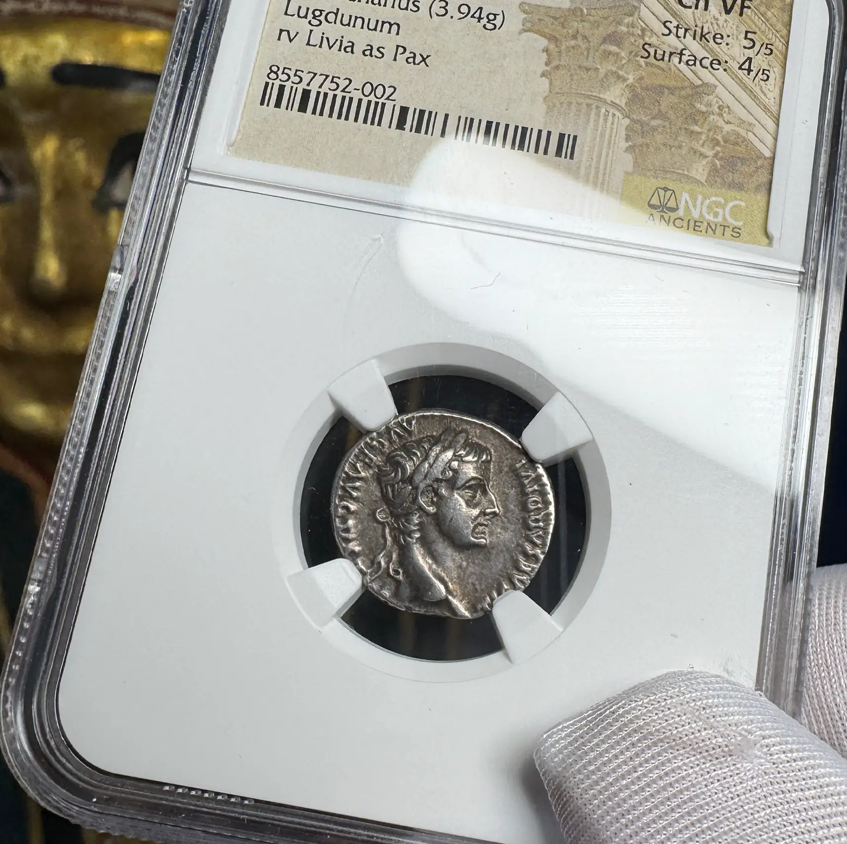 Roman Empire "Tiberius" 14AD Denarius NGC Ch VF 2