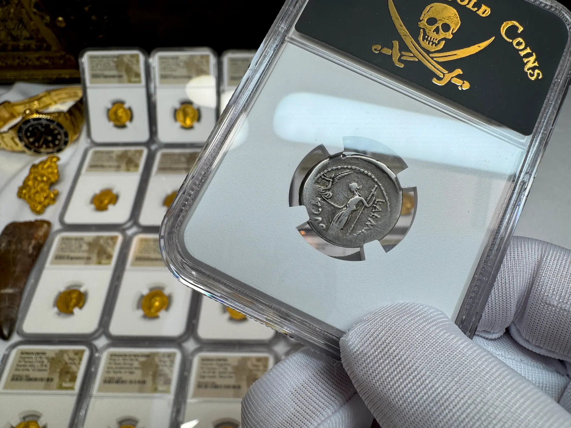 Roman Imperatorial "Julius Caesar" 44BC Denarius NGC F  14