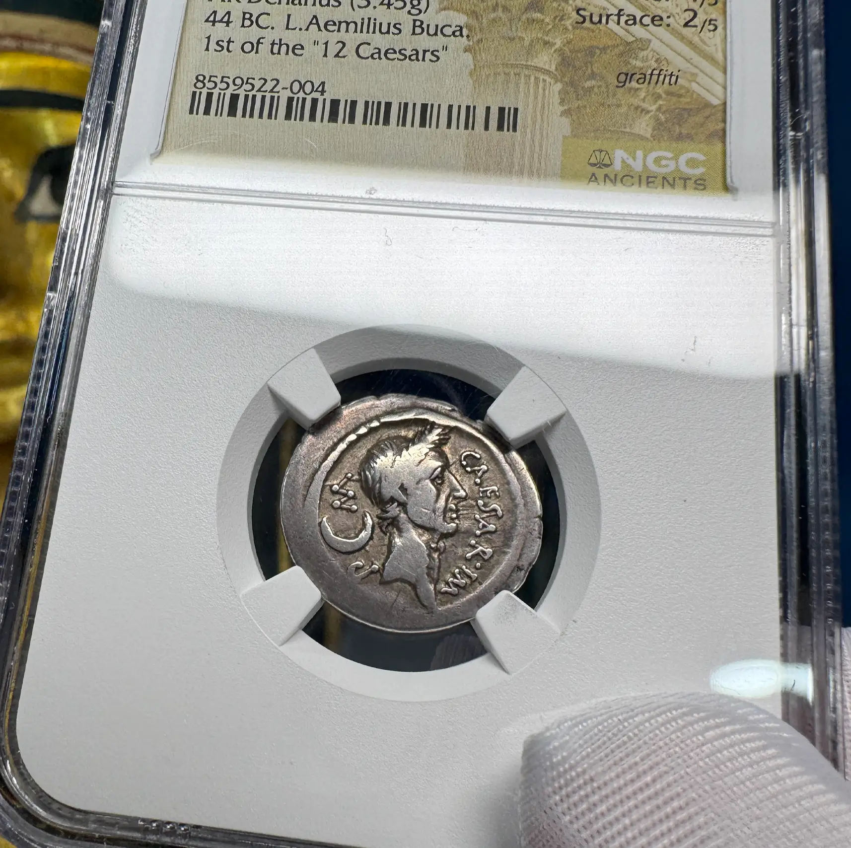 Roman Imperatorial "Julius Caesar" 44BC Denarius NGC F  2