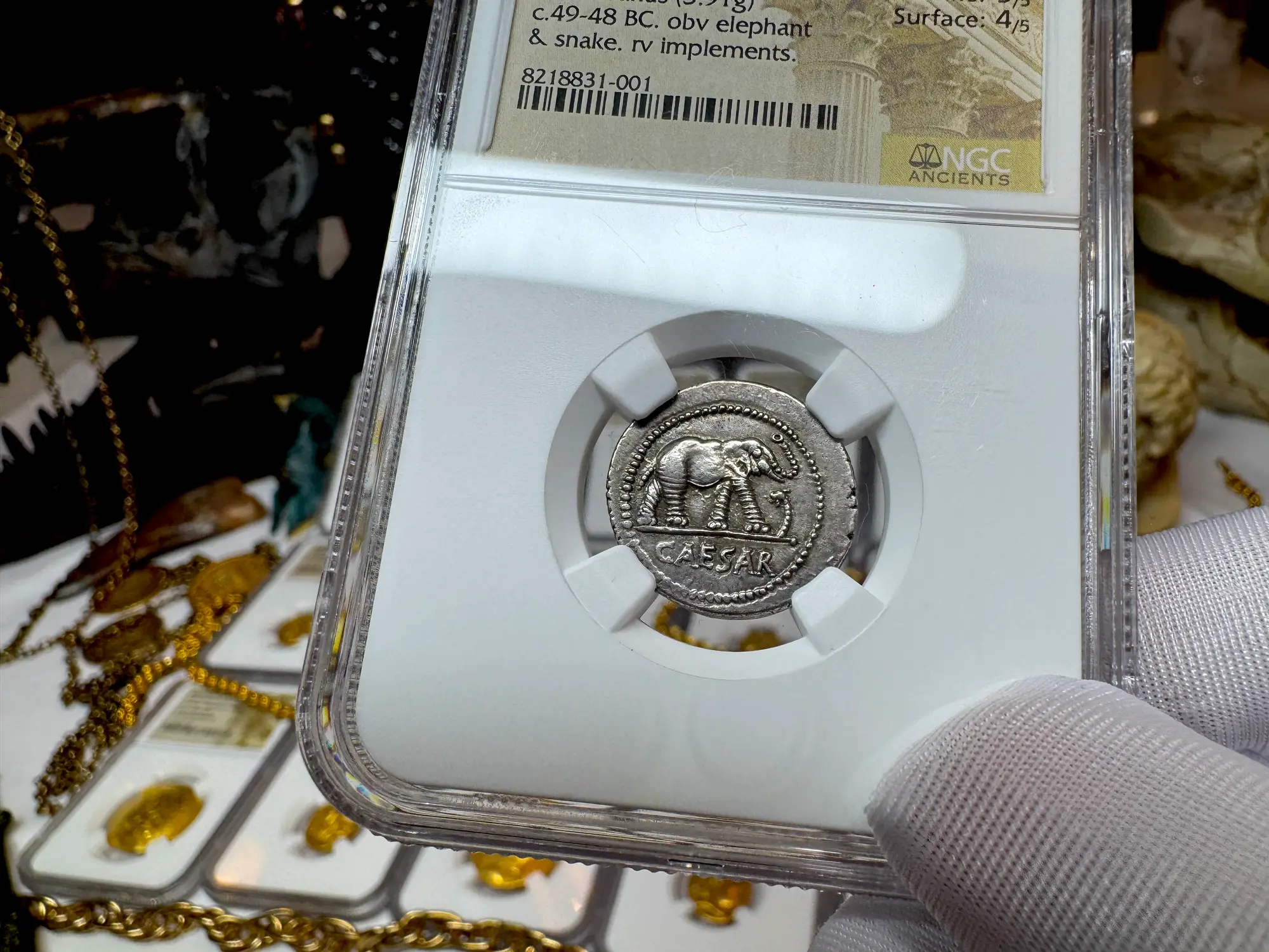 Roman Imperatorial "Caesar Elephant" 44BC Denarius NGC AU ★ 5