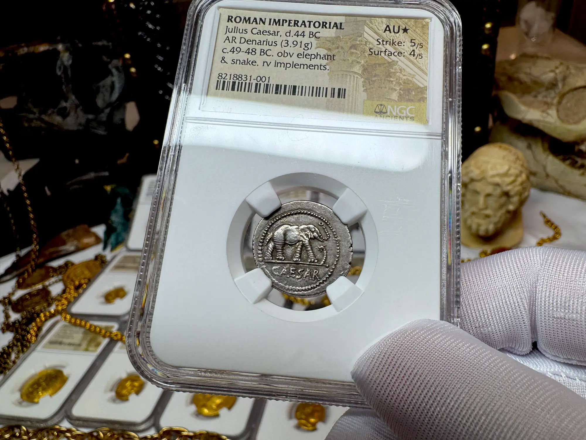 Roman Imperatorial "Caesar Elephant" 44BC Denarius NGC AU ★ 7