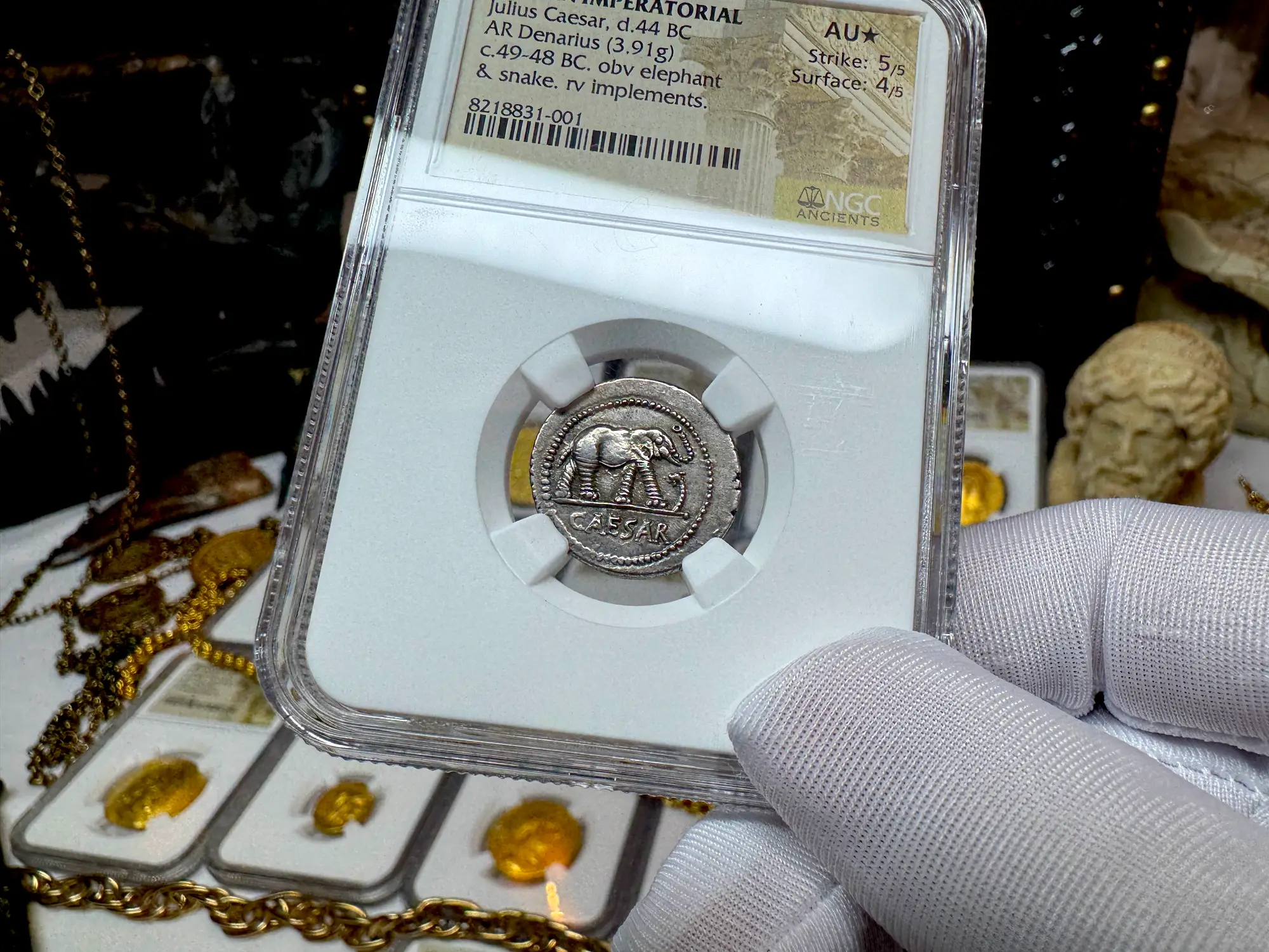 Roman Imperatorial "Caesar Elephant" 44BC Denarius NGC AU ★ 8