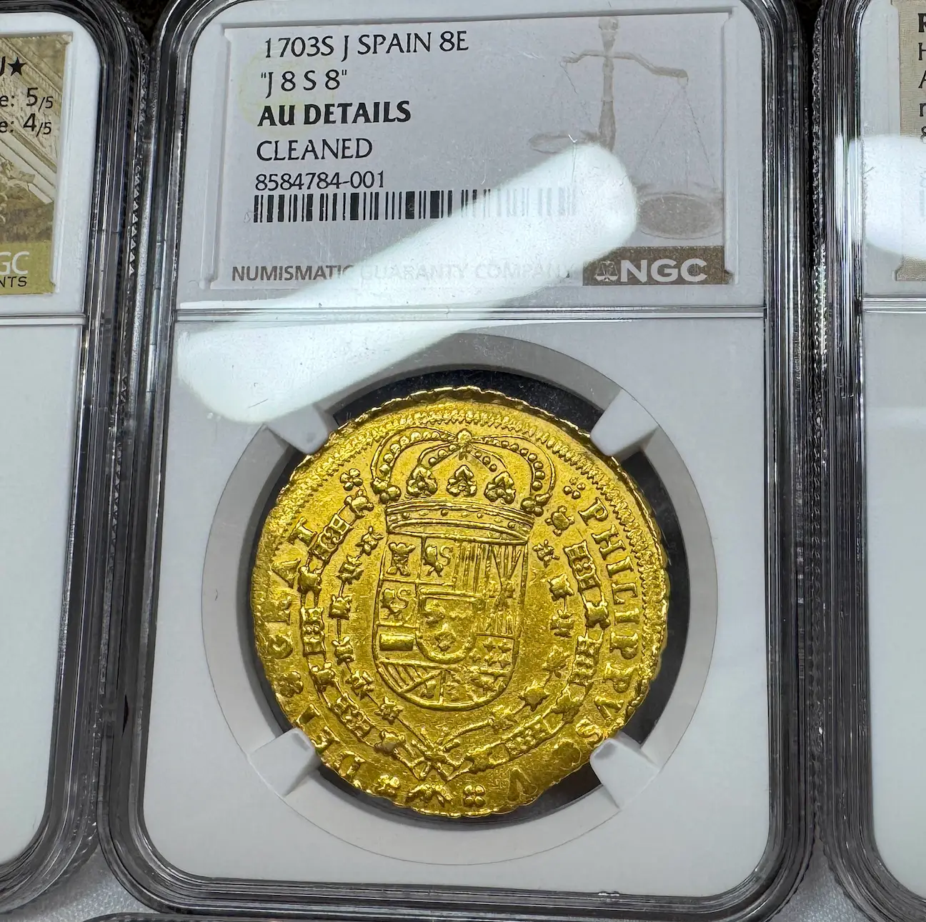 Spain 8 Escudos 1703 "Rare Date" NGC AU 2