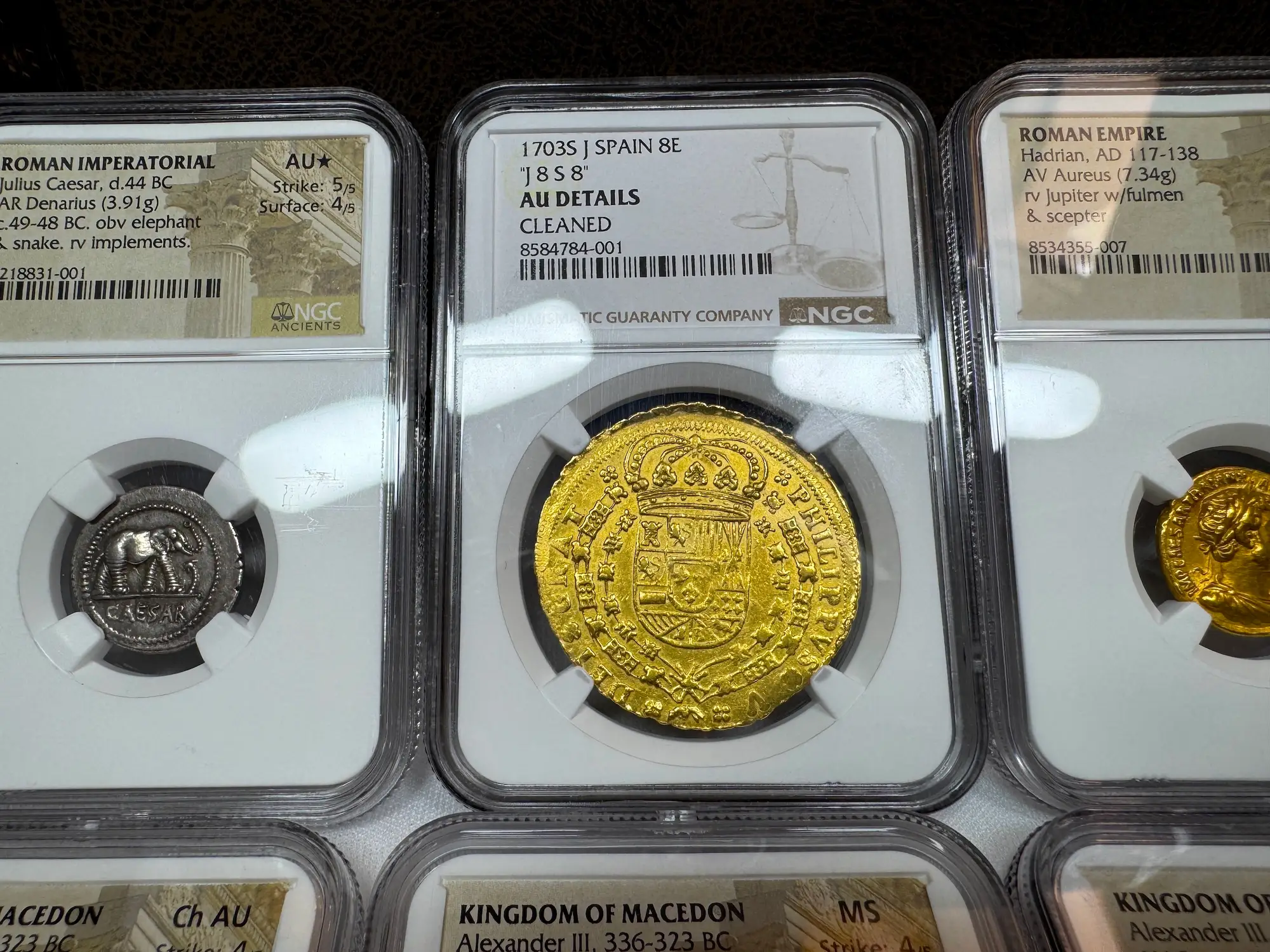 Spain 8 Escudos 1703 "Rare Date" NGC AU 14