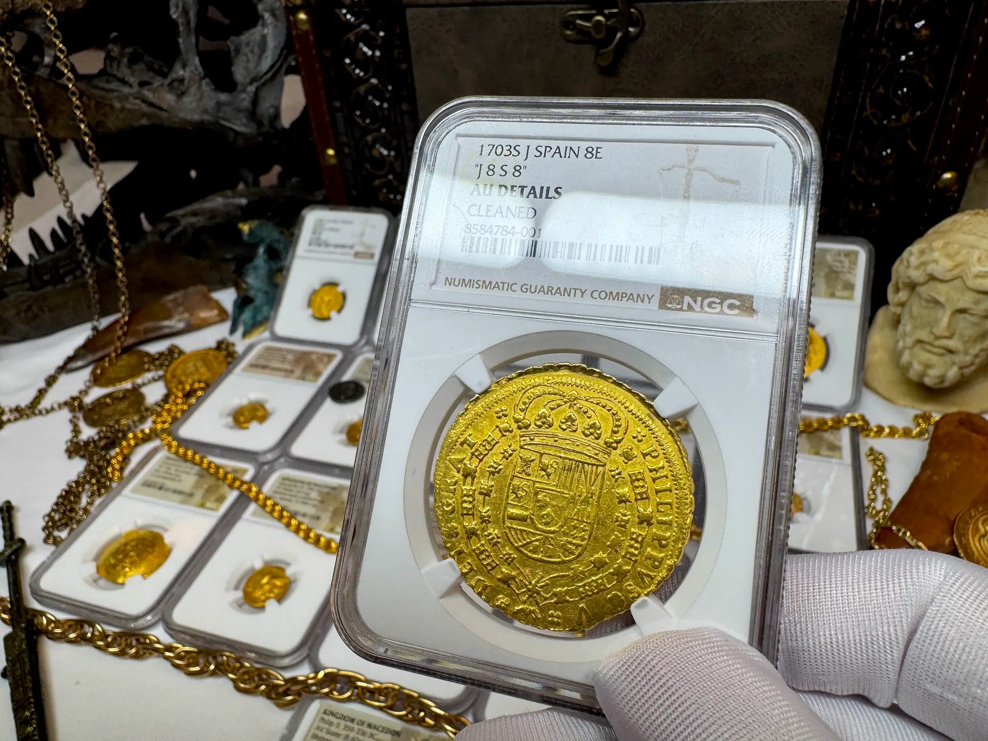 Spain 8 Escudos 1703 "Rare Date" NGC AU 26