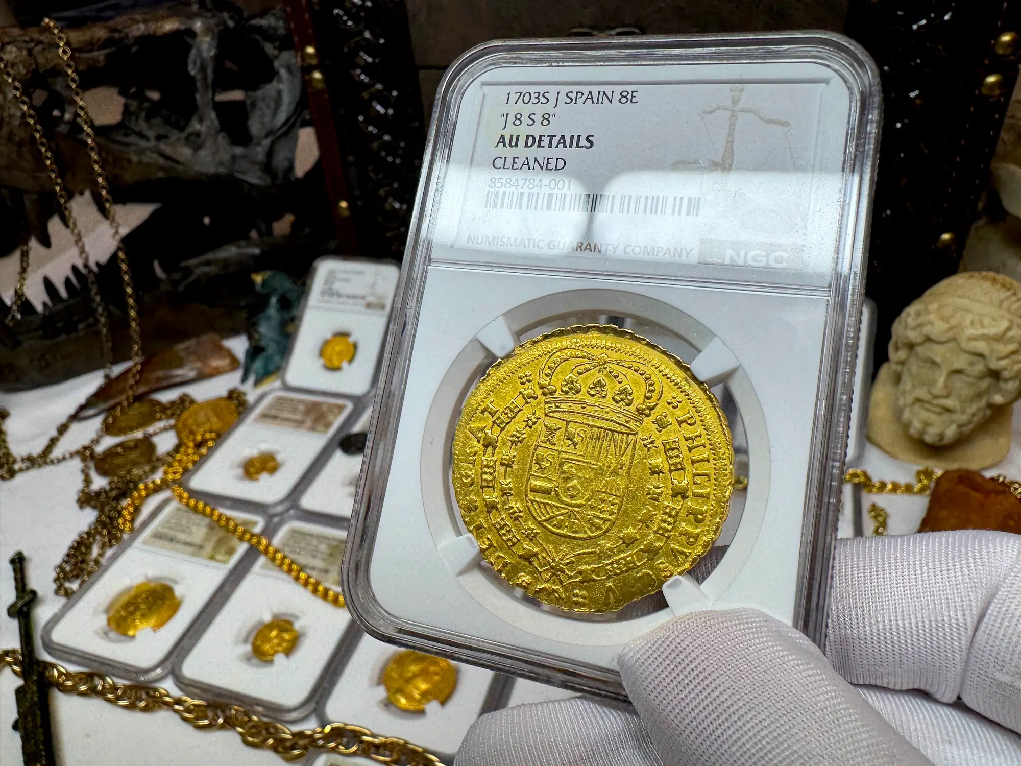 Spain 8 Escudos 1703 "Rare Date" NGC AU 27