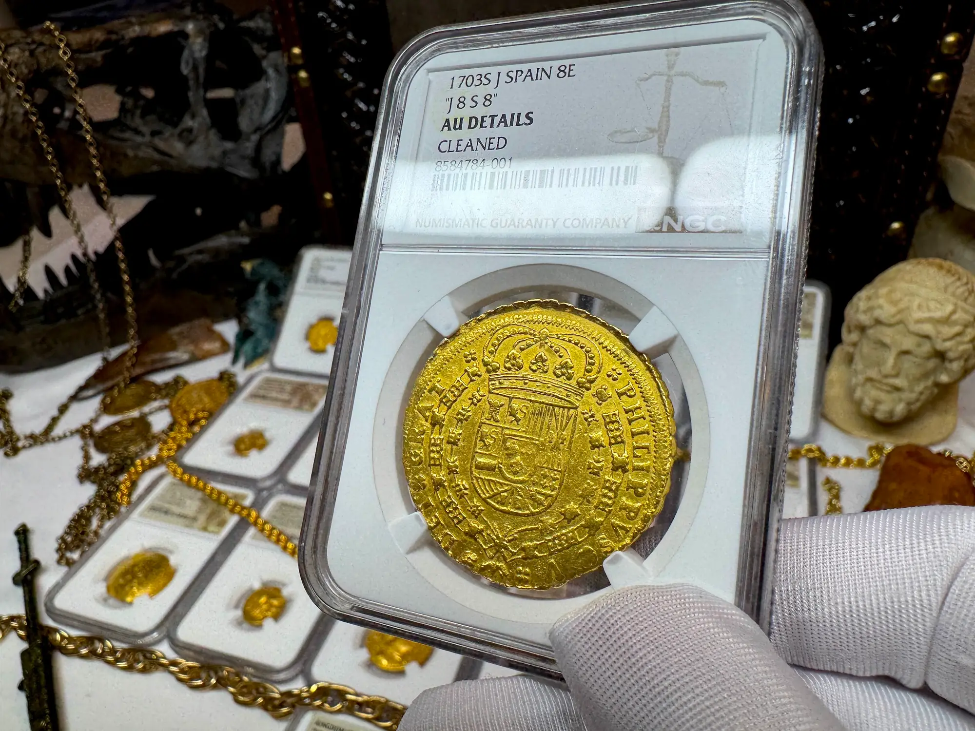 Spain 8 Escudos 1703 "Rare Date" NGC AU 29