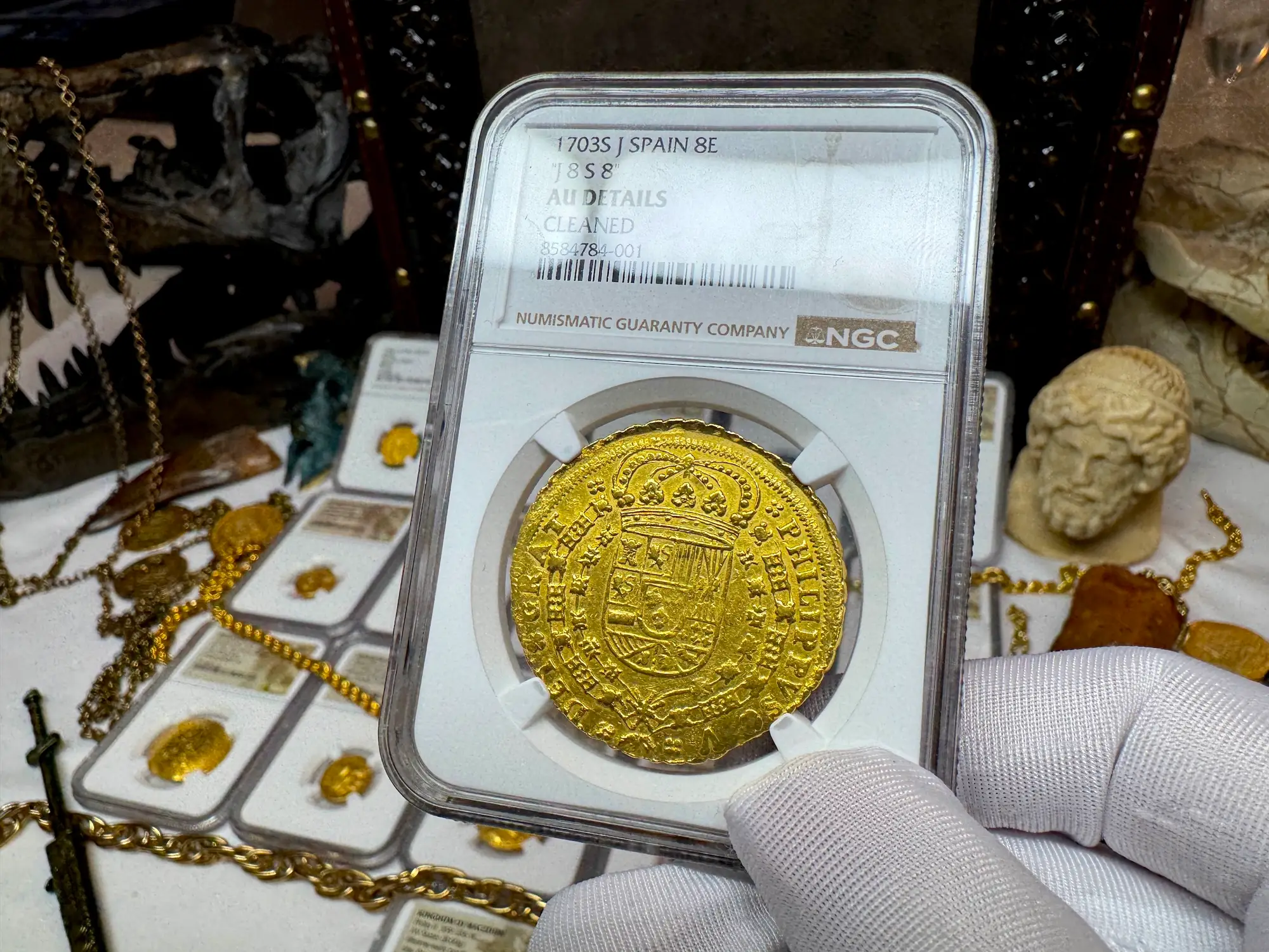 Spain 8 Escudos 1703 "Rare Date" NGC AU 30