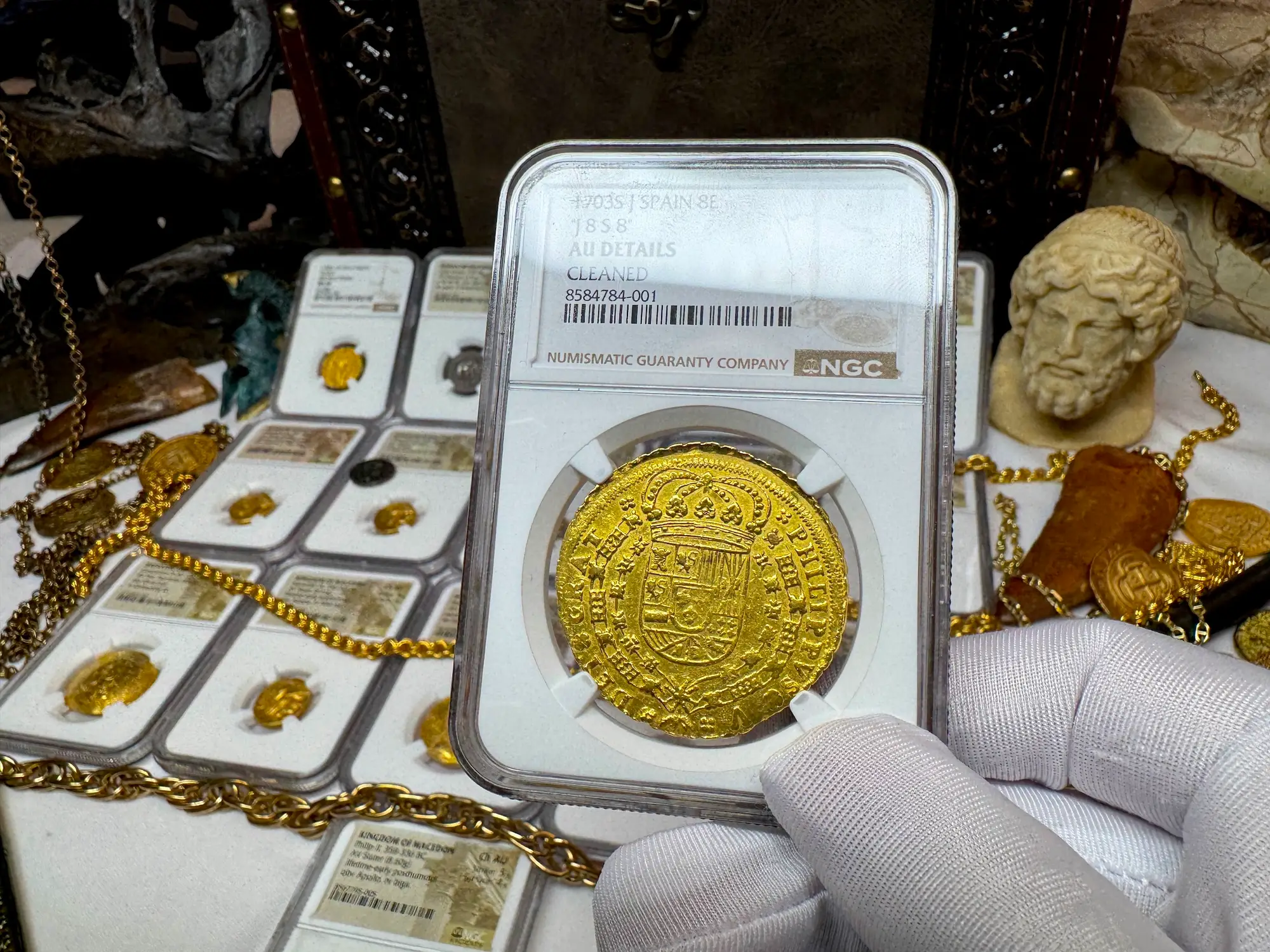 Spain 8 Escudos 1703 "Rare Date" NGC AU 31