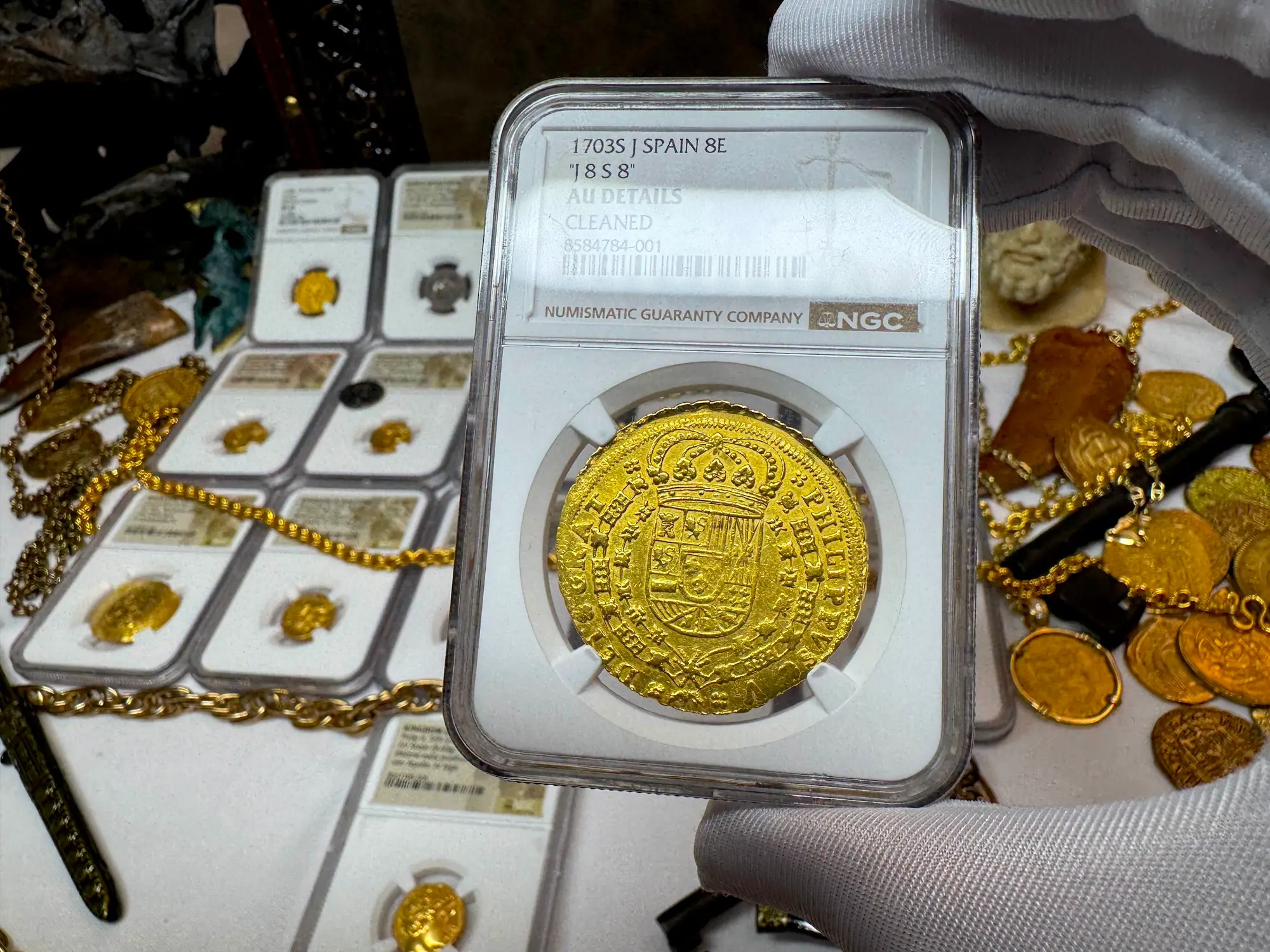 Spain 8 Escudos 1703 "Rare Date" NGC AU 32