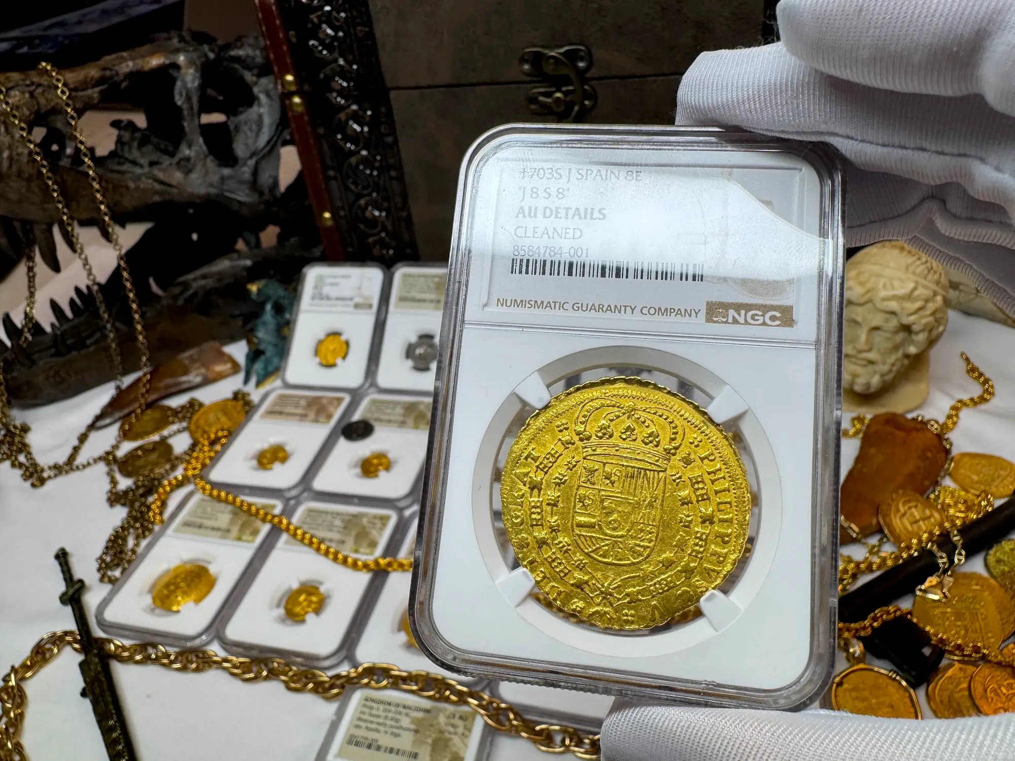 Spain 8 Escudos 1703 "Rare Date" NGC AU 33