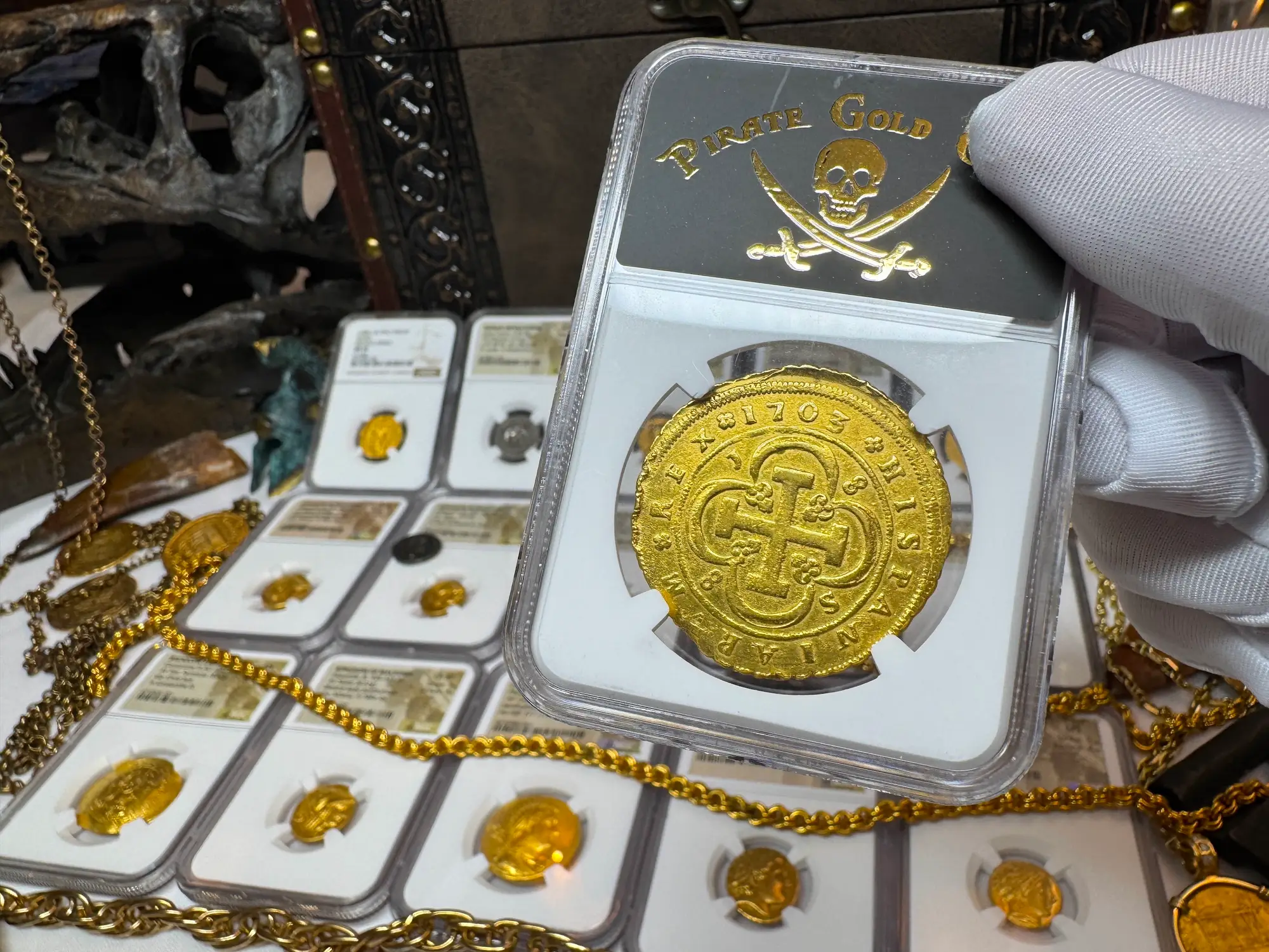 Spain 8 Escudos 1703 "Rare Date" NGC AU 17