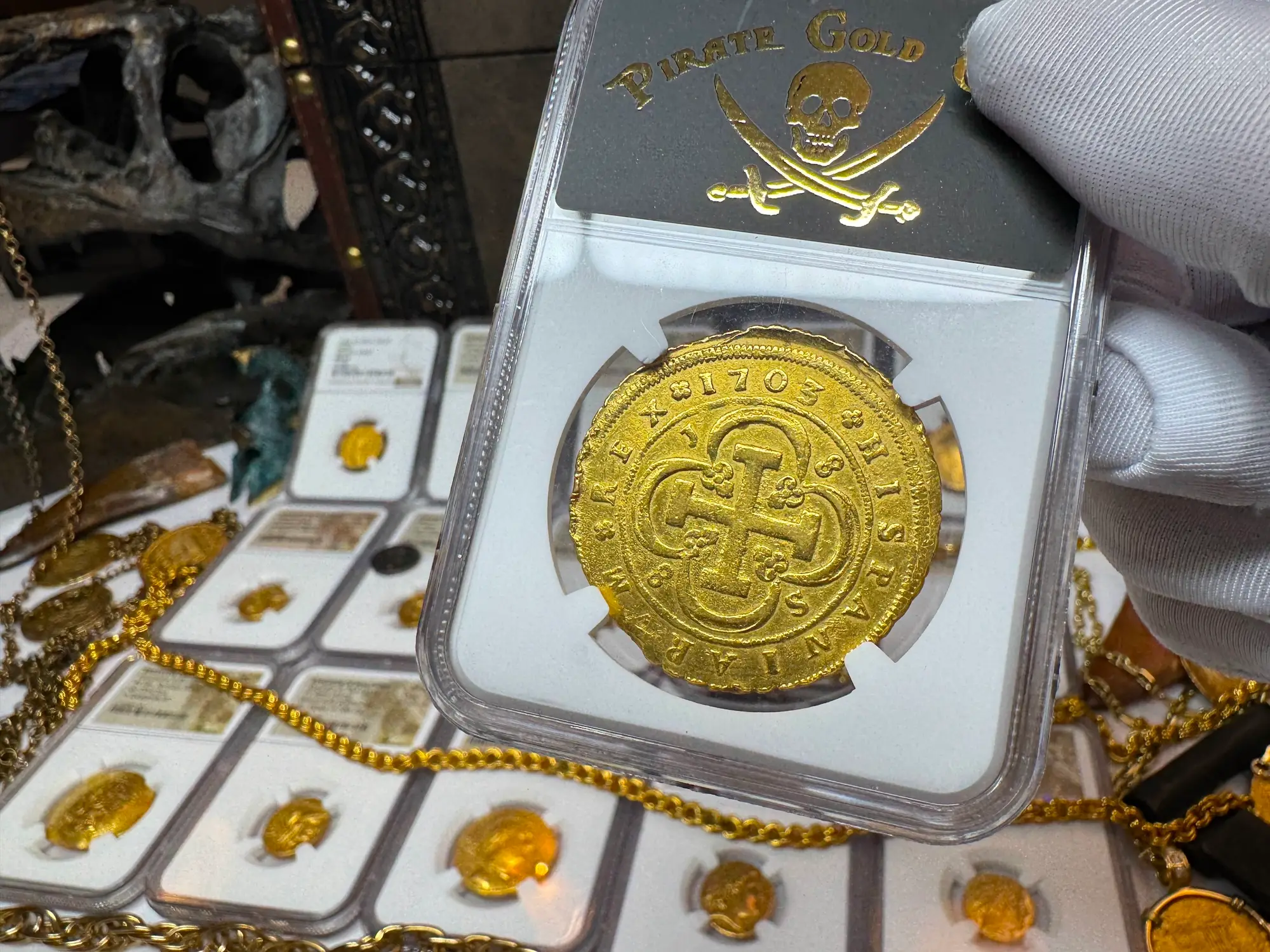 Spain 8 Escudos 1703 "Rare Date" NGC AU 18