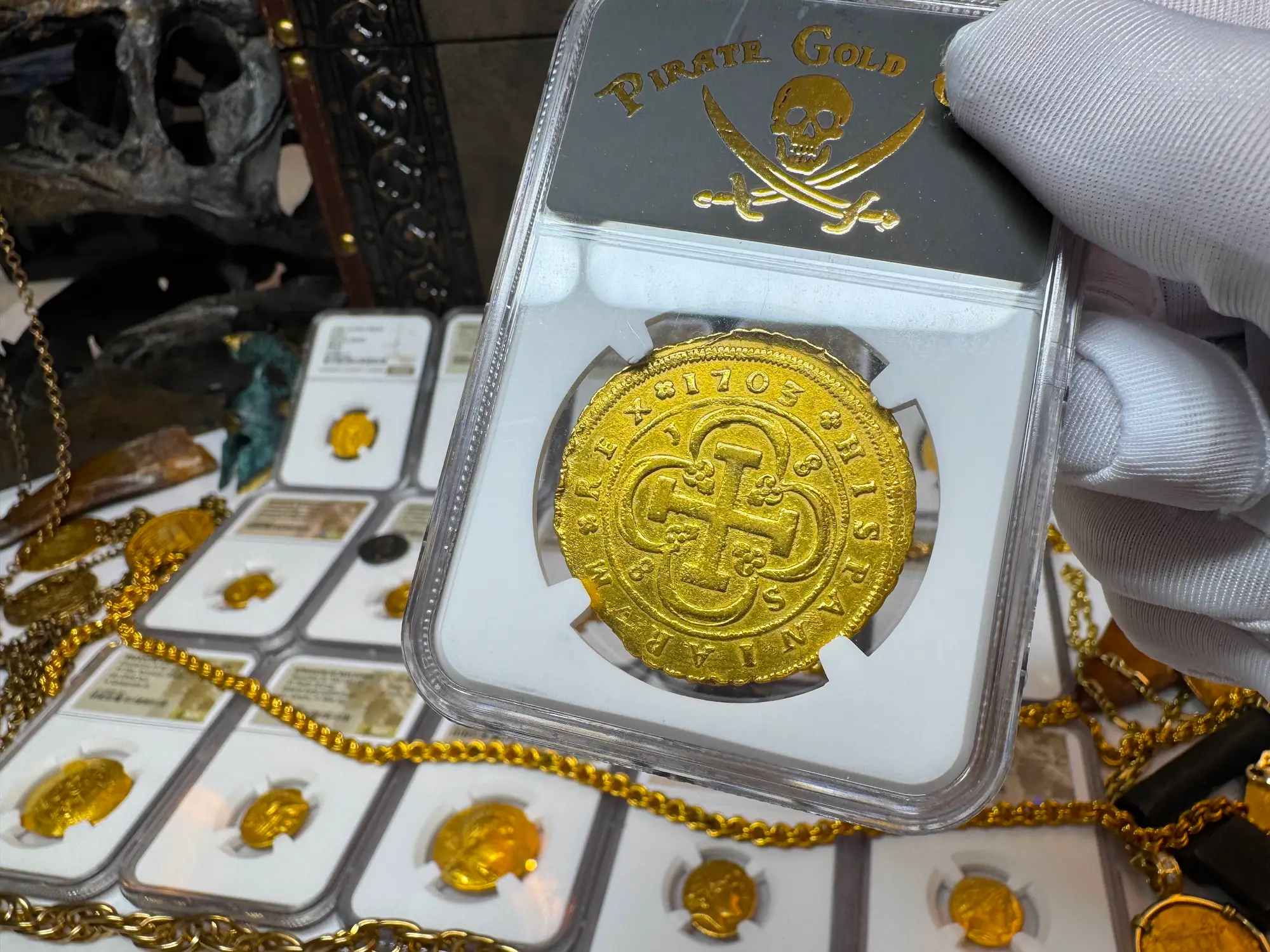 Spain 8 Escudos 1703 "Rare Date" NGC AU 19