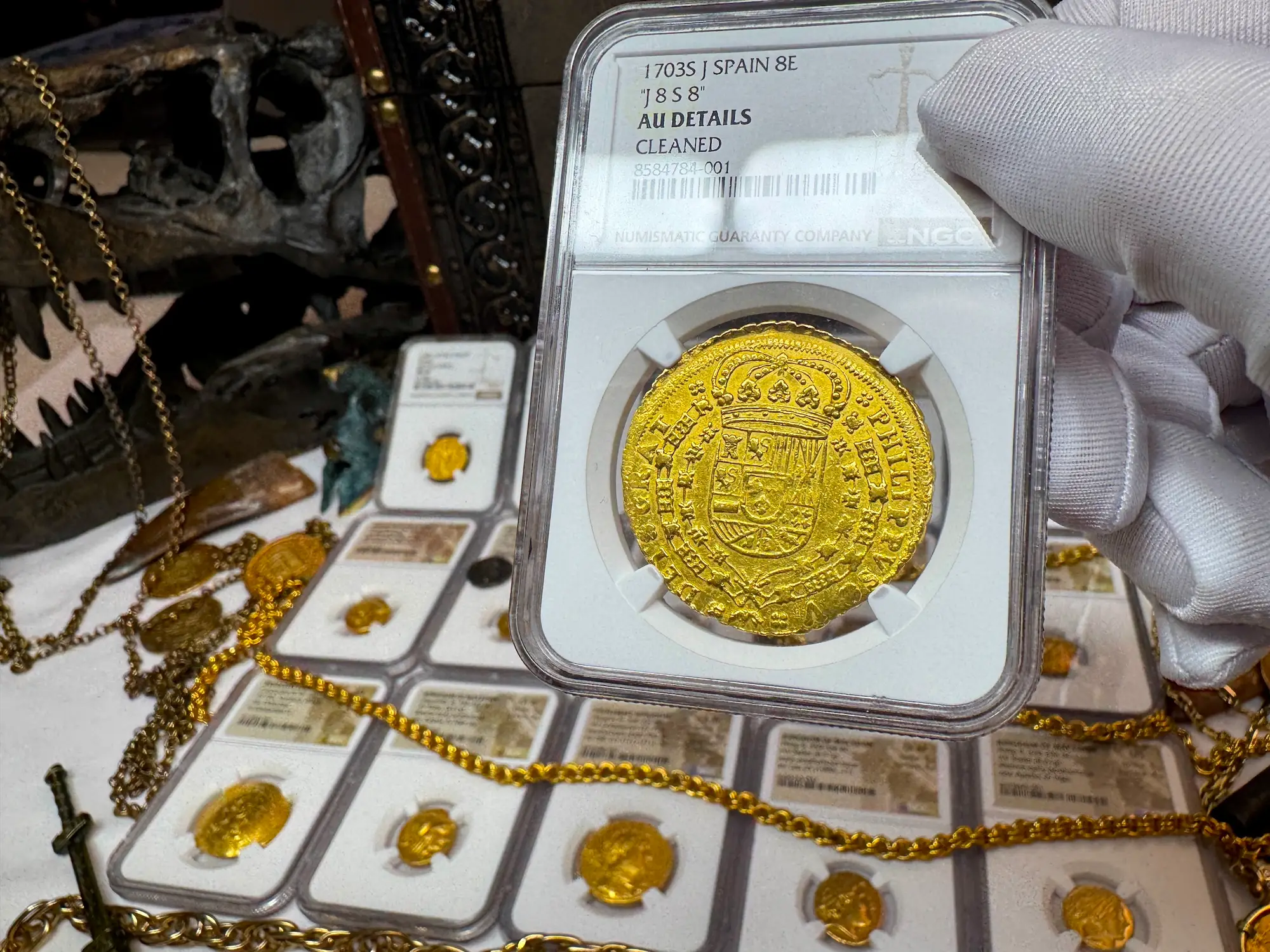 Spain 8 Escudos 1703 "Rare Date" NGC AU 34