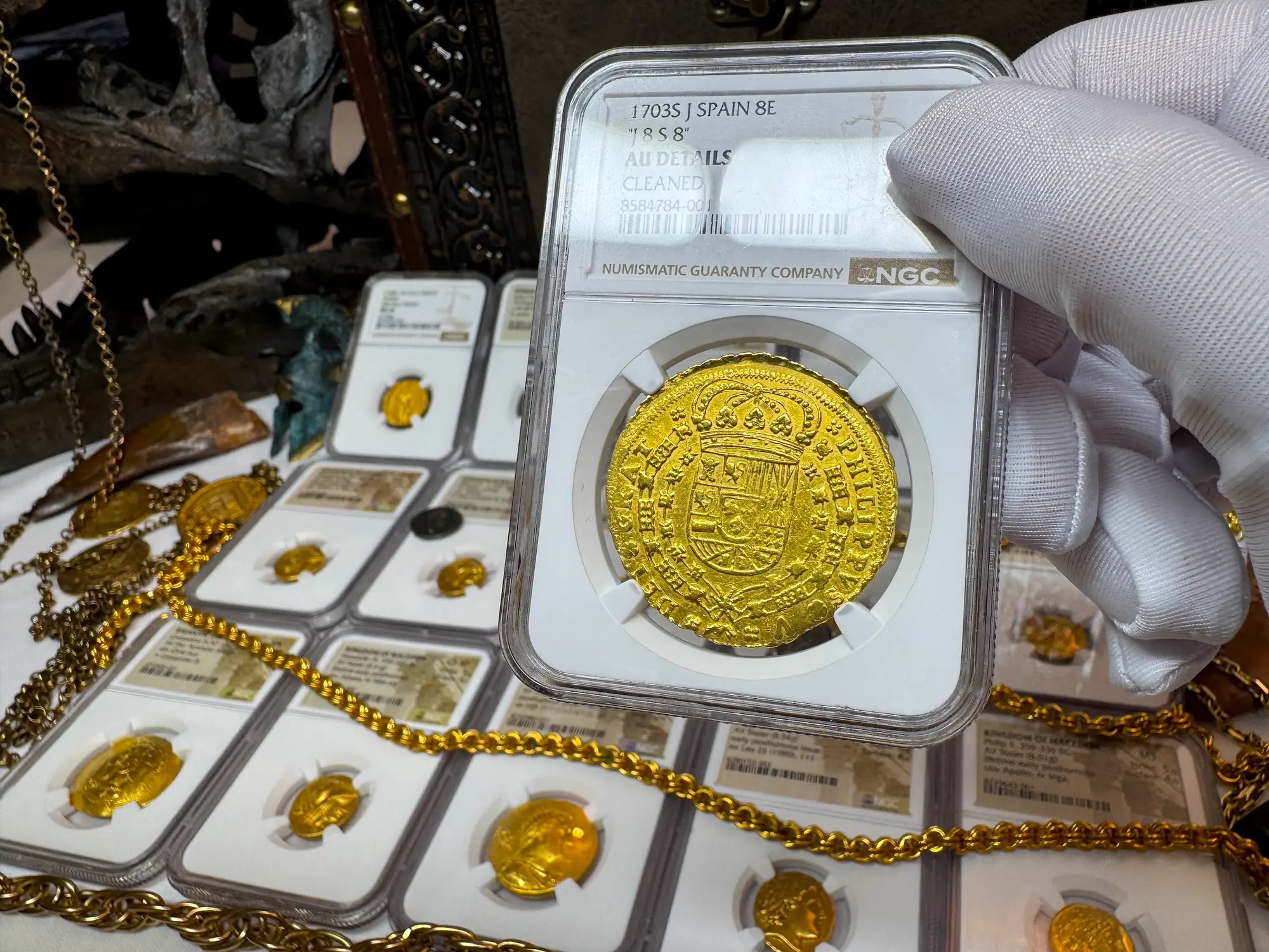 Spain 8 Escudos 1703 "Rare Date" NGC AU 35