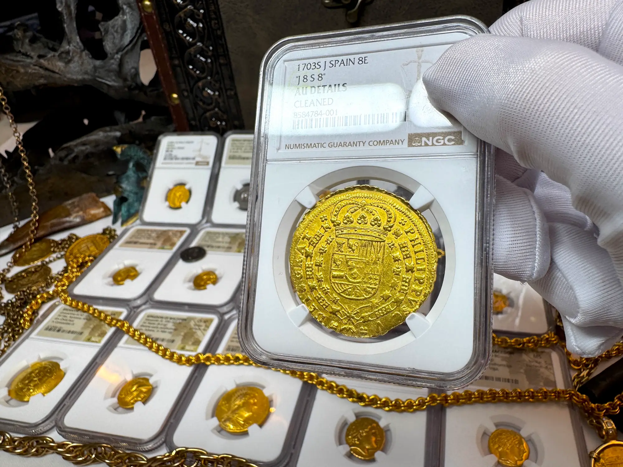 Spain 8 Escudos 1703 "Rare Date" NGC AU 36