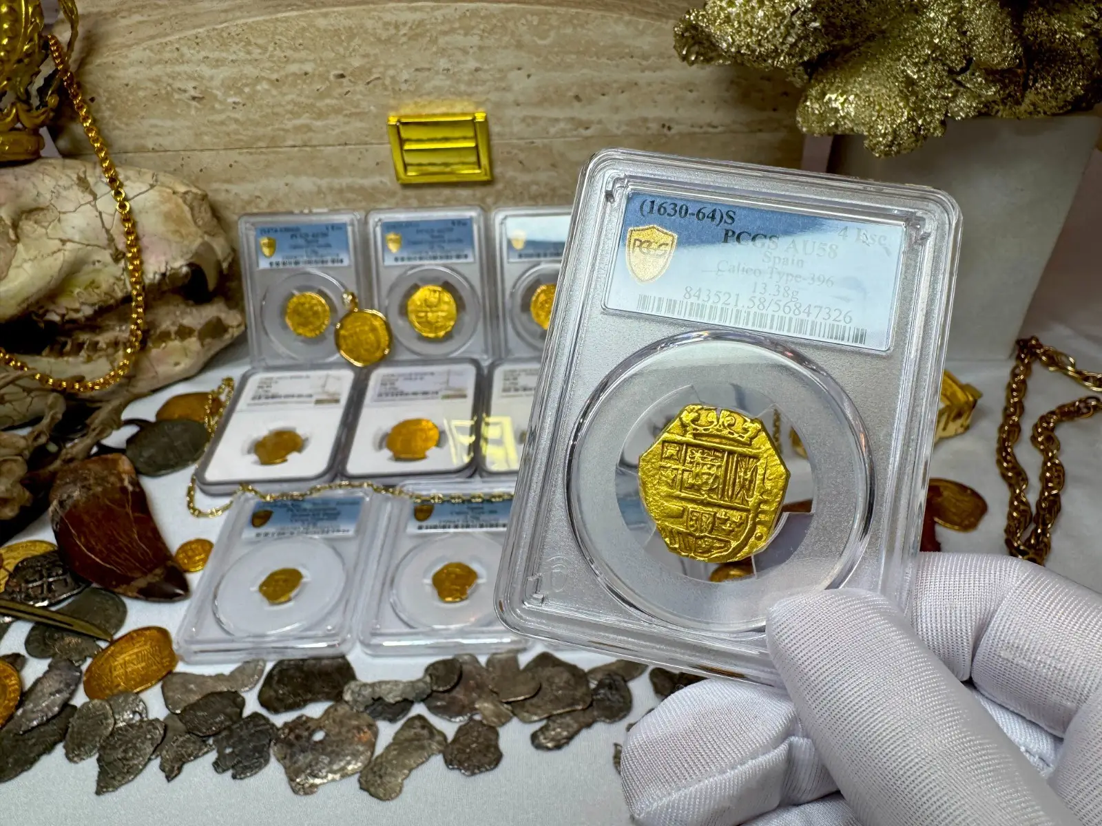 SPAIN 4 ESCUDOS 1630-64 PHILIP IV PCGS 58 PIRATE GOLD COINS TREASURE 5