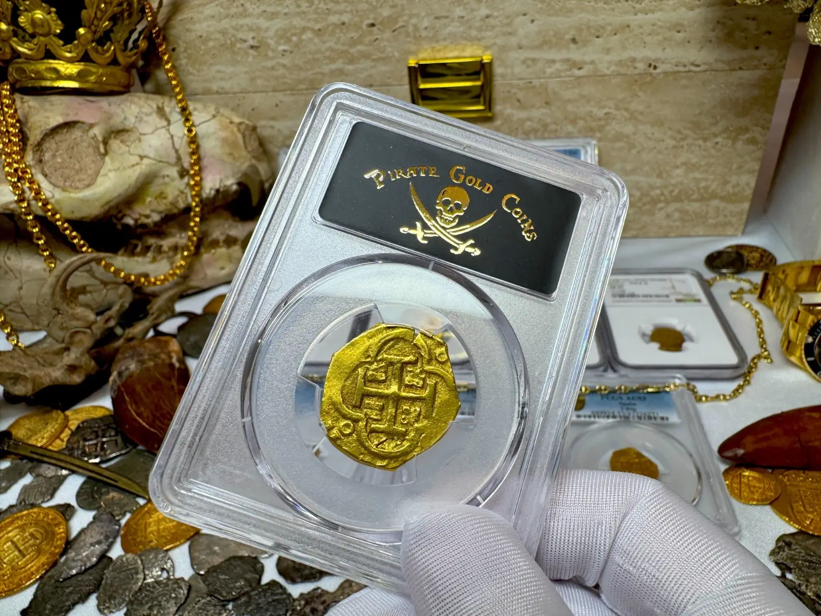 SPAIN 4 ESCUDOS 1630-64 PHILIP IV PCGS 58 PIRATE GOLD COINS TREASURE 3