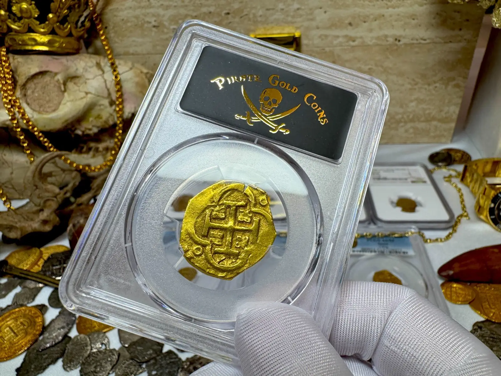 SPAIN 4 ESCUDOS 1630-64 PHILIP IV PCGS 58 PIRATE GOLD COINS TREASURE 2