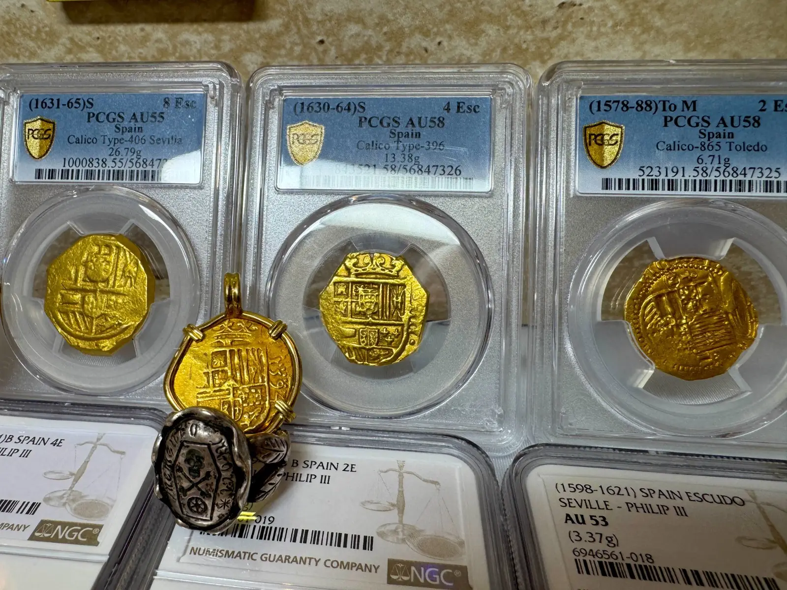 SPAIN 4 ESCUDOS 1630-64 PHILIP IV PCGS 58 PIRATE GOLD COINS TREASURE 6