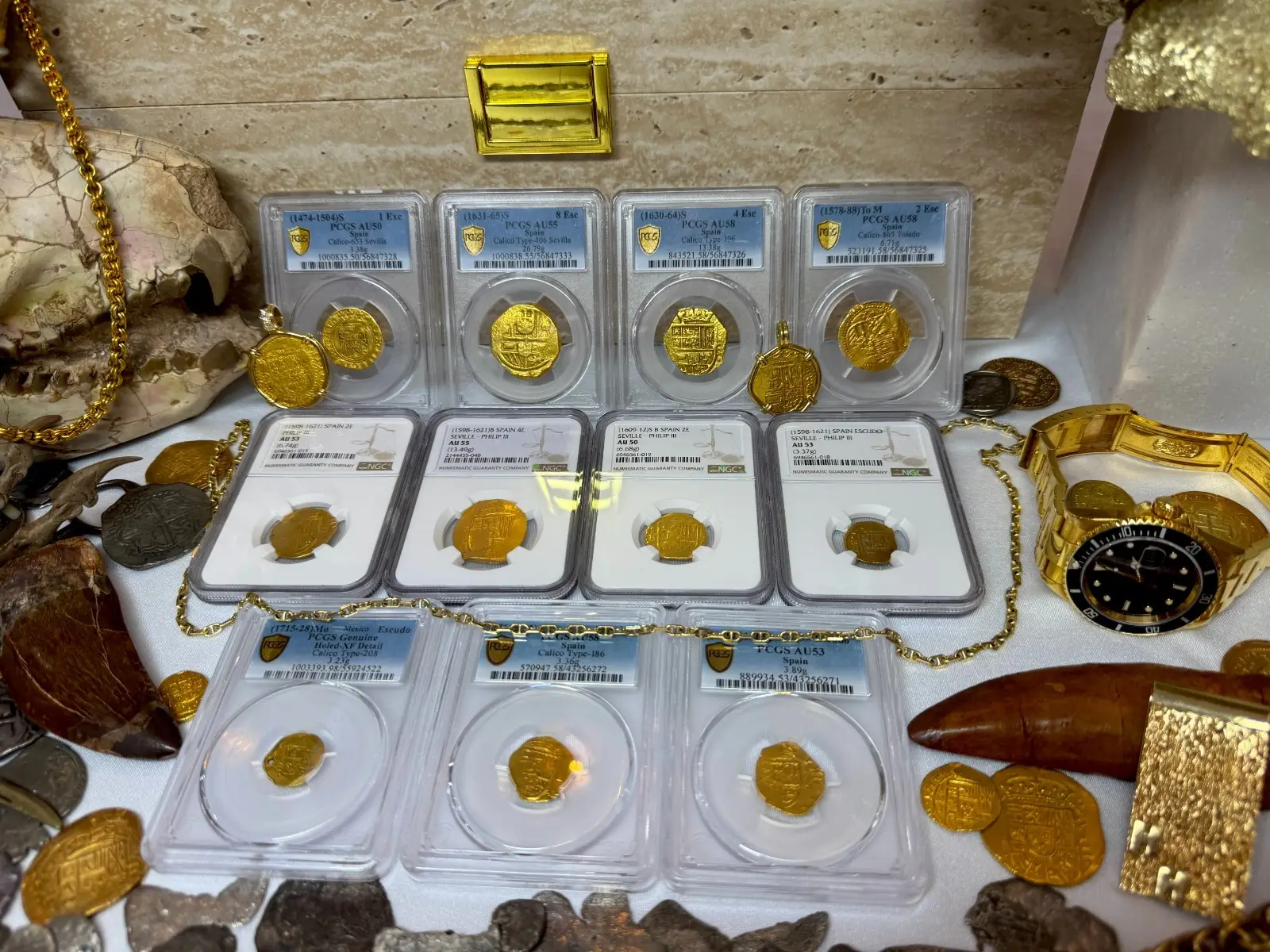 SPAIN 4 ESCUDOS 1630-64 PHILIP IV PCGS 58 PIRATE GOLD COINS TREASURE 18