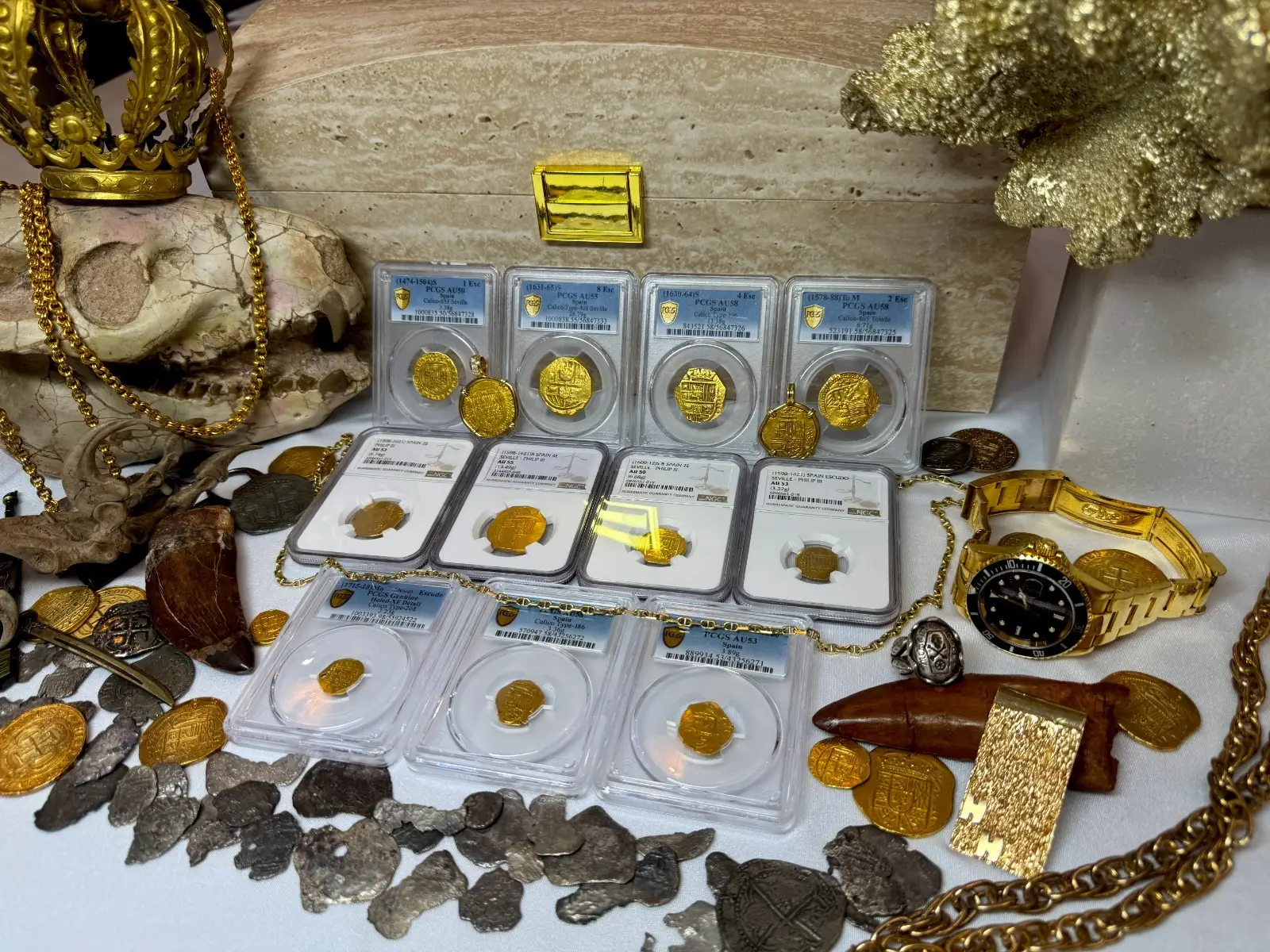 SPAIN 4 ESCUDOS 1630-64 PHILIP IV PCGS 58 PIRATE GOLD COINS TREASURE 9