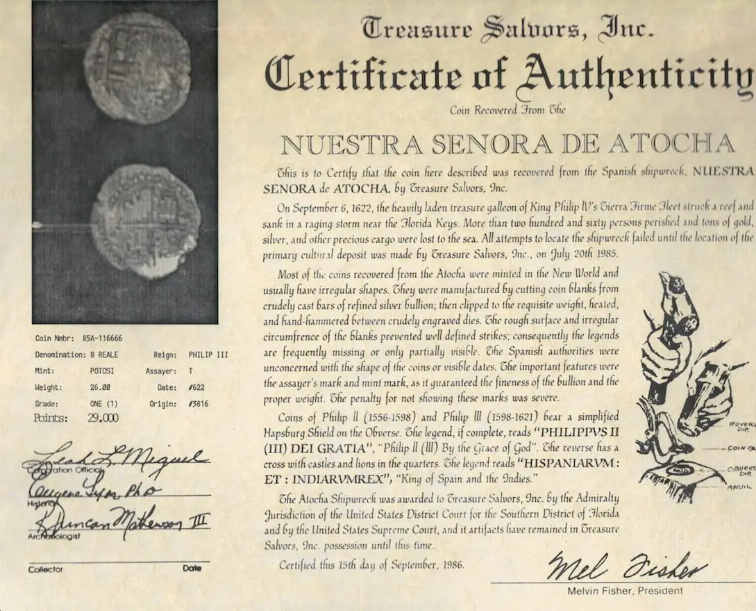 Bolivia 8 Reales 1622 Dated "Atocha 1622 Shipwreck" PCGS Grade 1 Mel Fisher COA 6